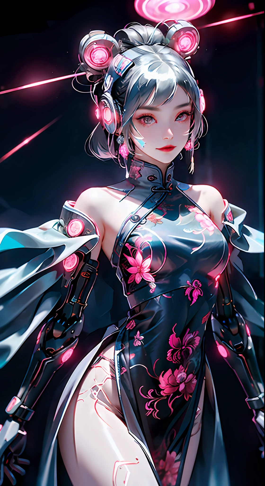 1 girl, Chinese_clothes, liquid silver and pink, cyberhan, cheongsam, cyberpunk city, dynamic pose, glowing headphones, glowing hair accessories, long hair, glowing earrings, glowing necklace, cyberpunk, high-tech city, full of mechanical and futuristic elements, futuristic, technology, glowing neon, pink, pink light, transparent tulle, transparent streamers, laser, digital background urban sky, big moon, with vehicles, best quality, masterpiece, 8K, character edge light, Super high detail, high quality, the most beautiful woman in human beings, smiling slightly, face facing front and left and right symmetry, ear decoration, beautiful pupil light effects, visual data, silver white hair, glowing watch