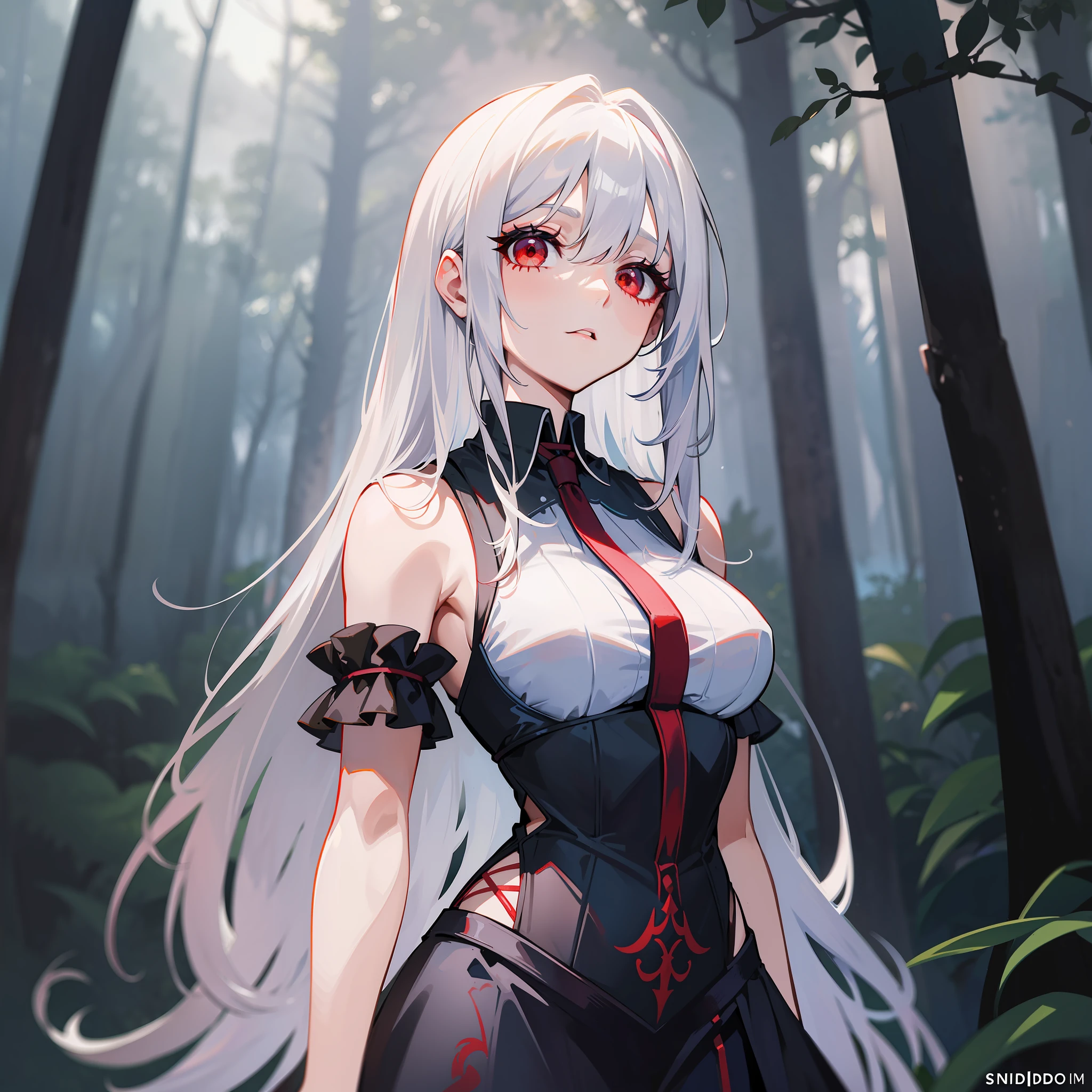 A woman, white hair, red eyes, long hair, gothic dress, athletic body, shadowy forest