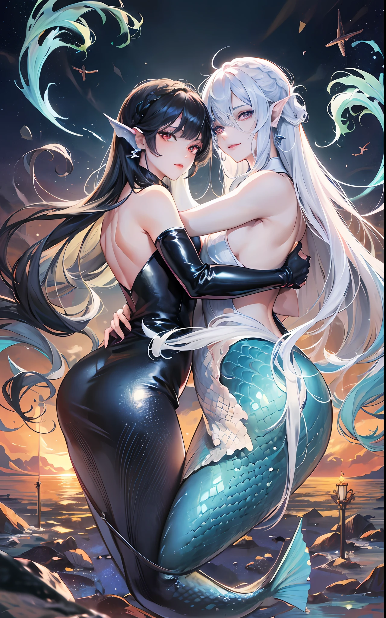 (man hugging a black-haired girl), long dress girl, masculine man, masculine face, attractive, muscular, (((1man))), masterpiece, absurdres, best quality ,intricate details, ((((full body)))), (shiny skin, shiny body, shiny oily luster skin, shiny hair, pale skintone), Sundown, attractive, ((muscular)), adult, one, earrings, Don't look at the view , Not looking at the view, silver hair man, braided hair man, perfect detailed face, perfect detailed hands, triton, fins, red eyes, triton ears, smirk, marine sea ornaments, open chest, ((long mermaid tail)), no legs, under the sea, fishes, masculine features, masculine face, (((night))), moonlight, darkness, dark light, character seen from afar, black hair girl, blue eyes girl