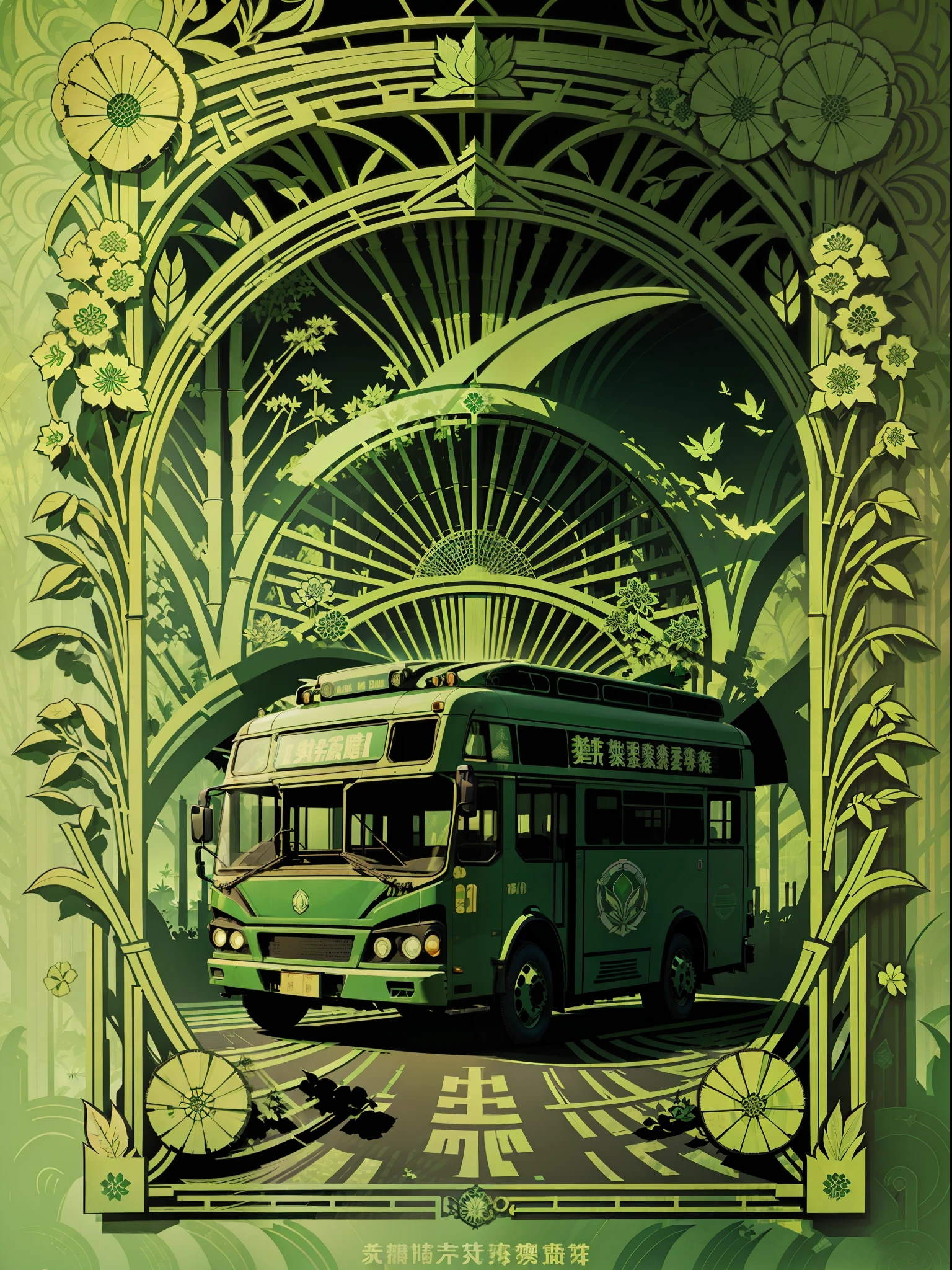 Green travel poster, paper cutting works, urban and environmental protection theme paper cutting works, green, openwork design, bamboo, bus, light and shadow, 3D