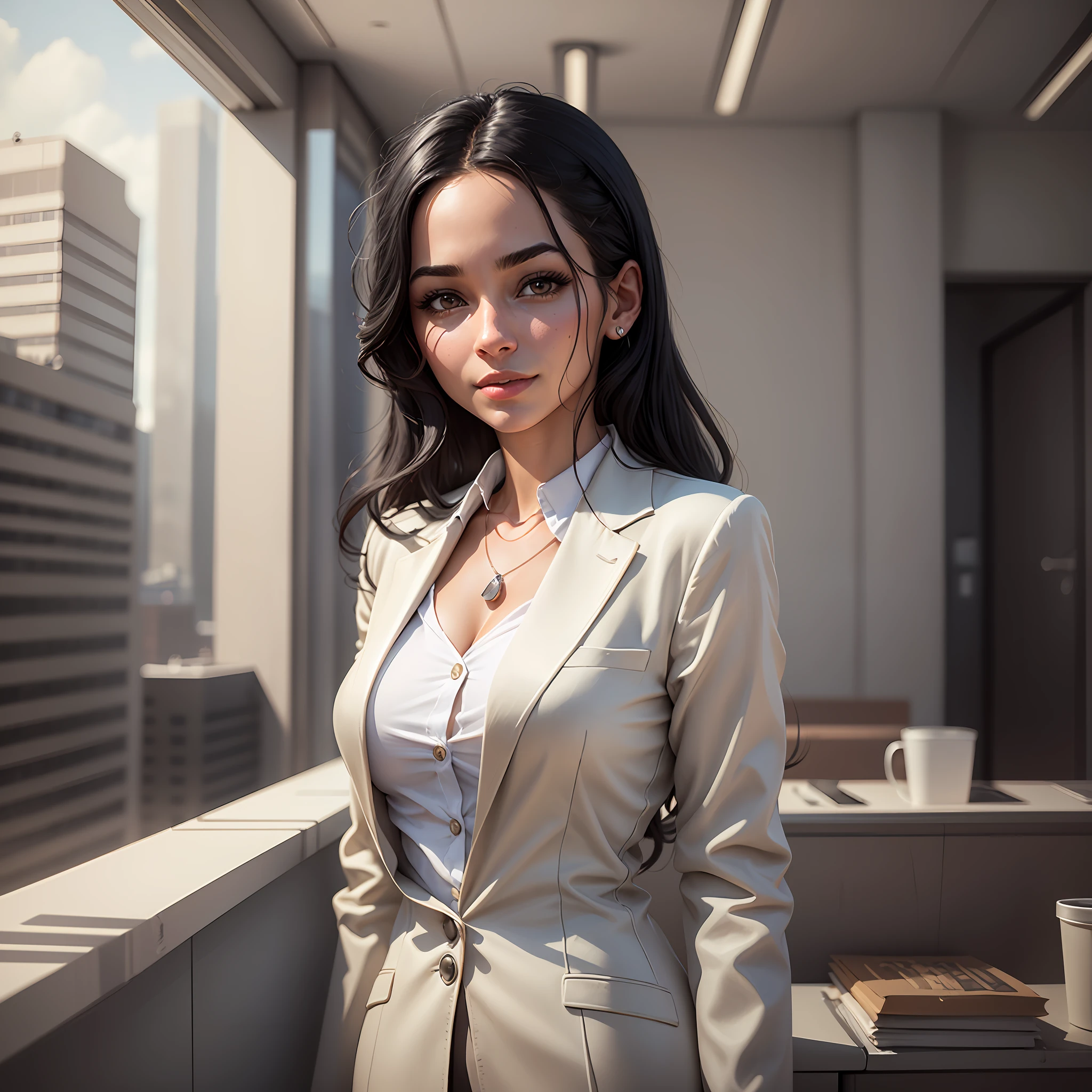 ultra realism, photo realism, young women entreprenuer, realistic photo of a female entreprenuer, slightly smiling, in suit, black hair, office location background --auto --s2