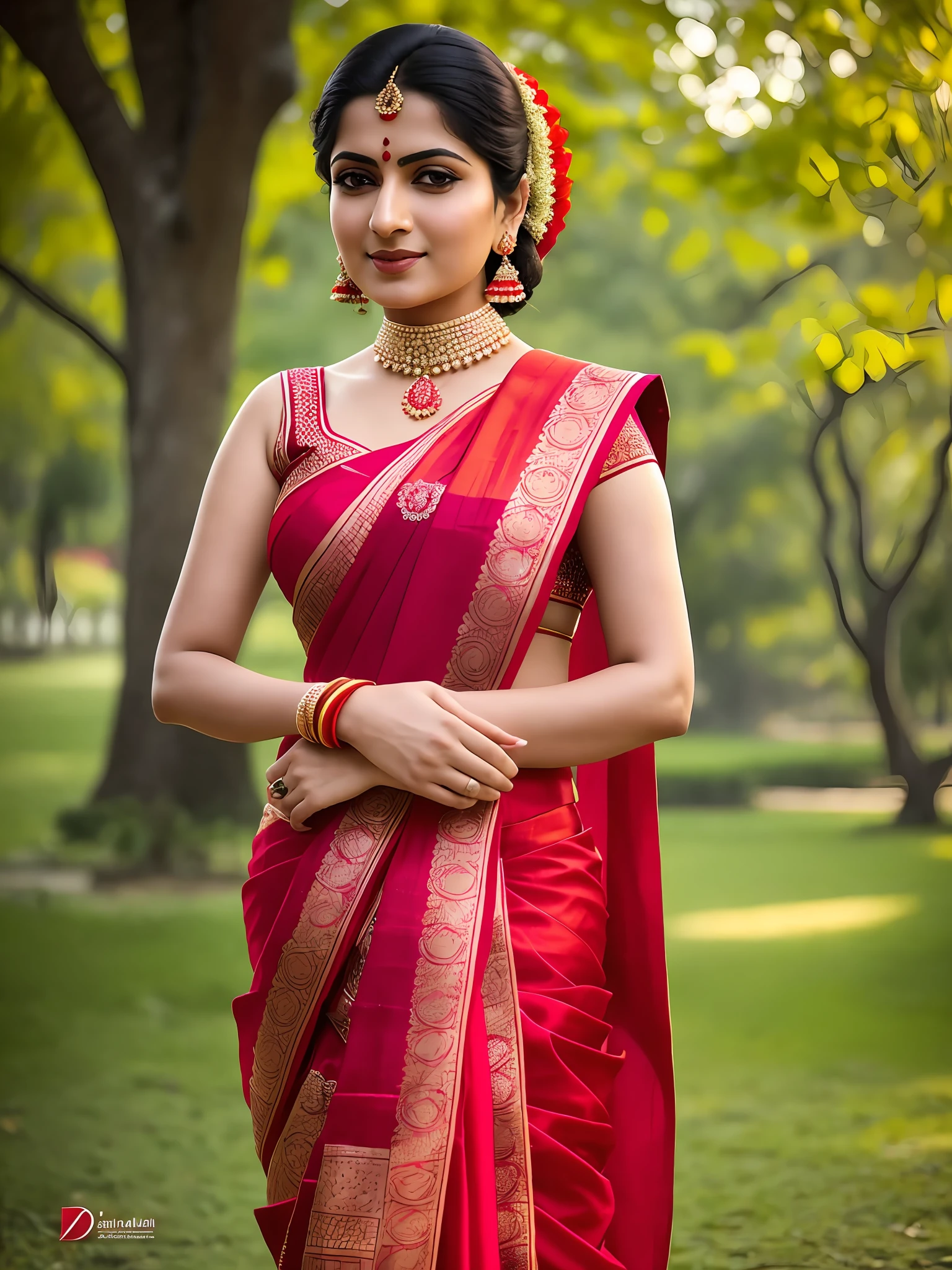 arafed woman in a red sari standing in a park, traditional beauty, dressed in a sari, wearing a sari, wearing sari, sari, with lovely look, mid shot portrait, idian dress, inspired by T. K. Padmini, indian, wearing bihu dress mekhela sador, stunning elegant pose, india, very attractive and beautiful