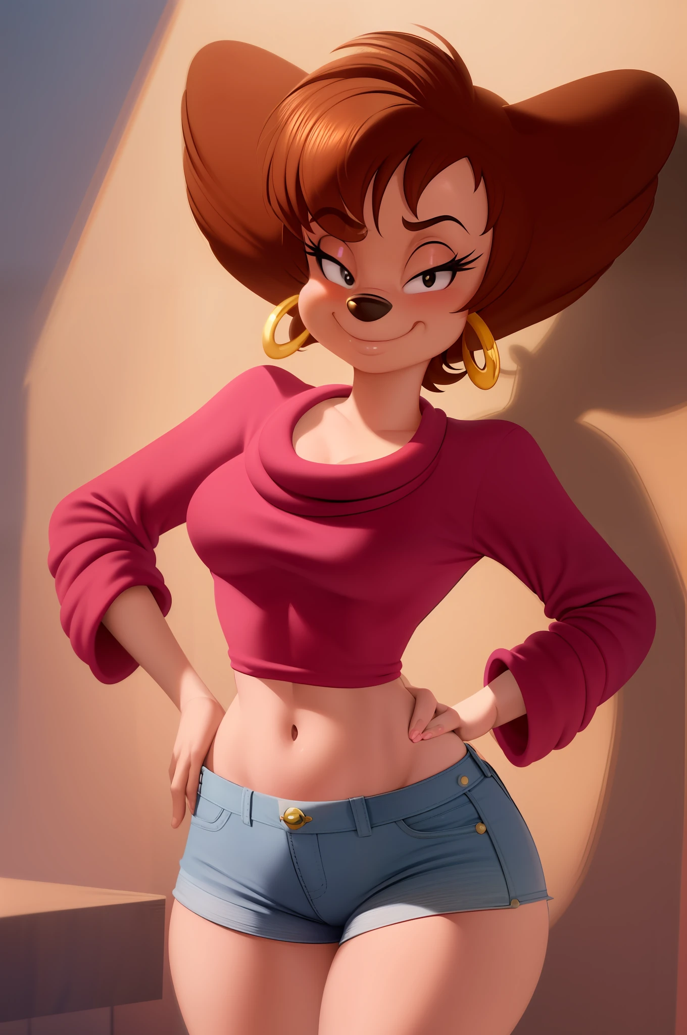 masterpiece, best quality, one girl, solo, detailed face, looking at the viewer, black eyes, gold hoop earrings, small breasts, 4 fingers, seductive smile, detailed skin texture, (blush: 0.5), (goosebumps: 0.5), subsurface scattering, detailed skin texture, (blush: 0.2), (goosebumps: 0.3), subsurface scattering, sexual expression, portrait, right hand on breast, left hand on hip, pink crop top, breast teasing, high res, detailed kitchen background, denim shorts, midriff, detailed tummy, eyelashes, black nose, sfw, goof troop, Disney, character, anthro, detailed fingers, blush
