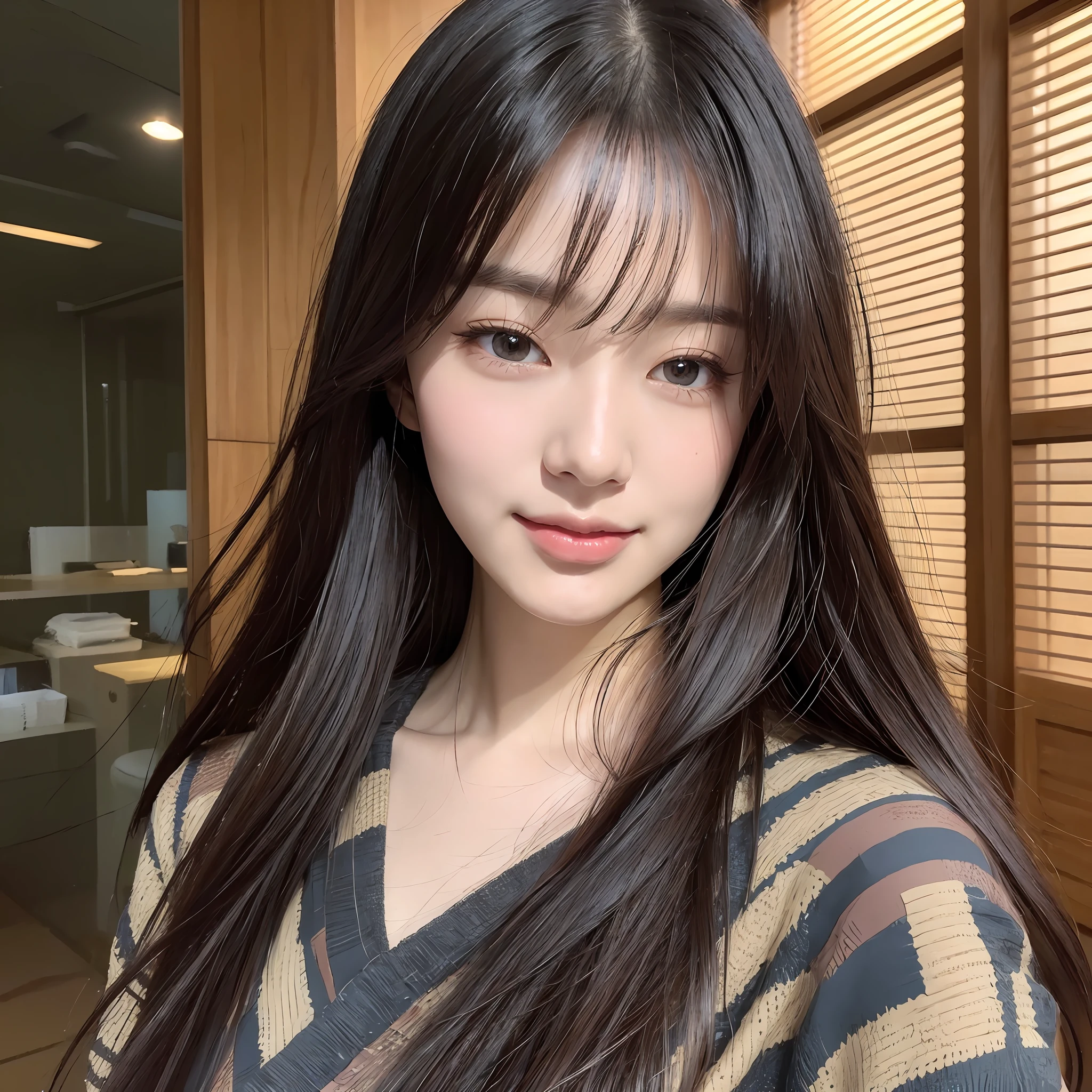 Japan man, pretty man, slender figure, long black hair, highly detailed face and skin texture, detailed eyes, double eyelids, smile, indoor --auto --s2