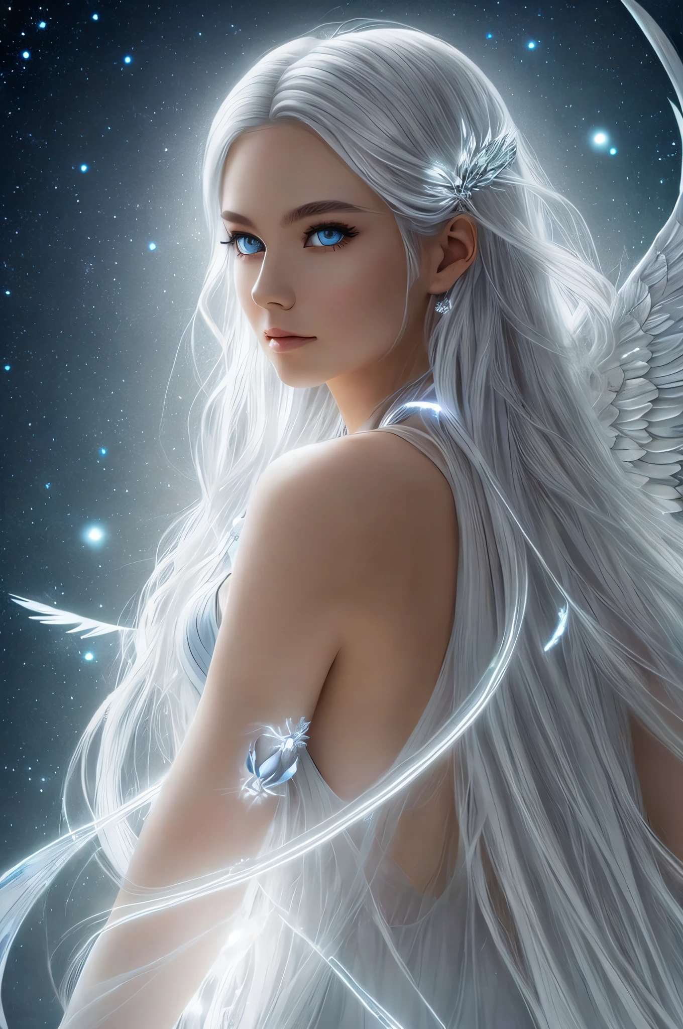 Silver hair, angelic presence, full body, glowing halo, etheric wings, melon seed face, ((slimmed face)), ((fair skin)))), ((blue eyes))
