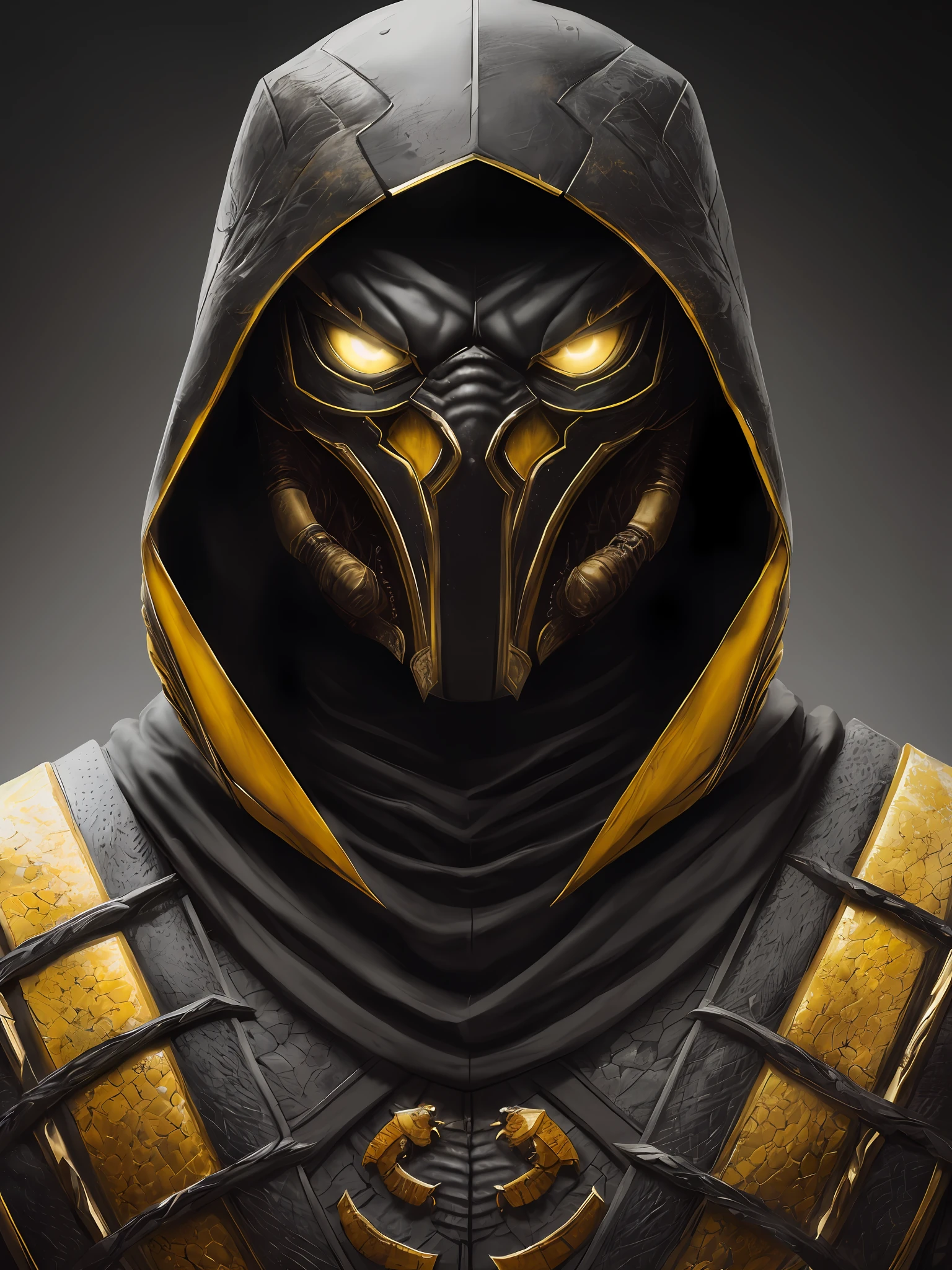a portrait, scorpion from mortal kombat, detailed white eyes, black and yellow armor, hood, veins on his arm, Intricate, High Detail, Sharp focus, dramatic, photorealistic painting art by greg rutkowski