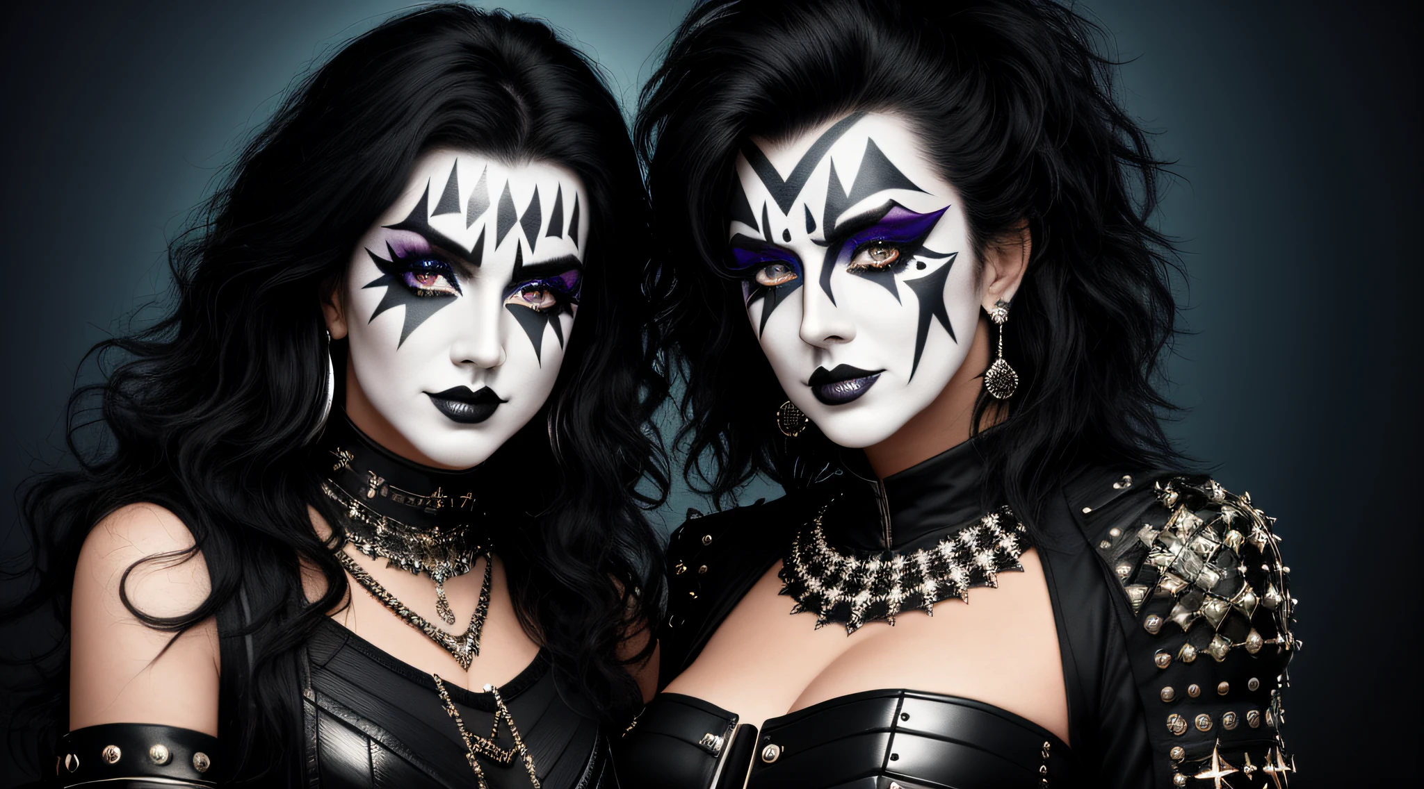 4K, Masterpiece, highres, absurdres,edg_makeup, a woman with a black and white face paint , edg_makeup on face, rockstar attire, rorckstar hair, surreal, lights on, shadows,great composition, (realistic:0.8), (((full body picture)))