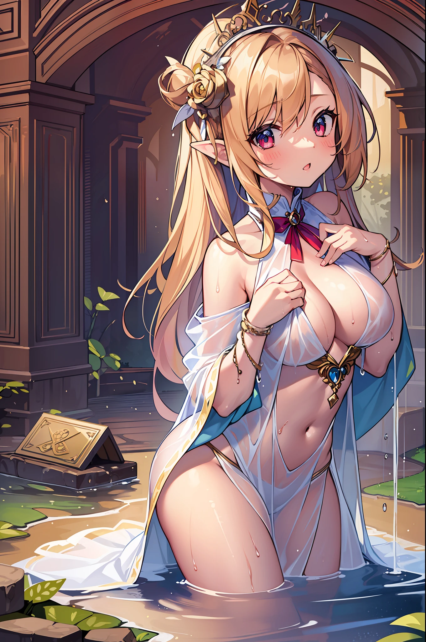 (MASTERPIECE), (Best Quality), (Ultra Detail), (Best Anatomy), Official Art, One Girl, Lori with Light Hair, Petite , Goddess, See-Through Robe, Small Breasts, Cleavage, Off Shoulder, Underboob, Side Boob, Thigh Focus, Navel Out, Low Angle, Wet and See-through, Chest Stretching, Card Illustration, Deep Forest Fountain