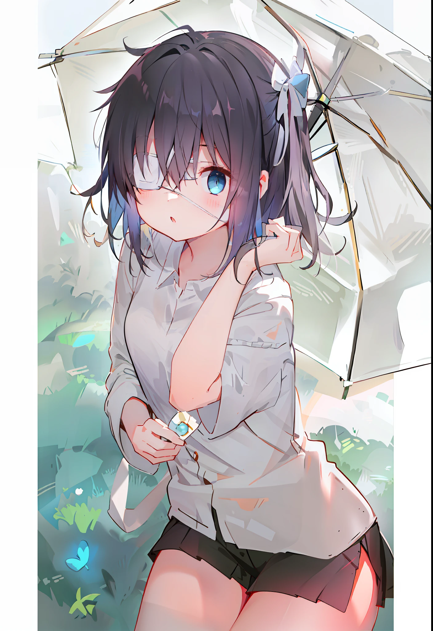high res, masterpiece,Rikka Takanashi, black hair, solo, 1girl,outside,deatailed background, detailed eyes, ((blue eyes)), eyepatch