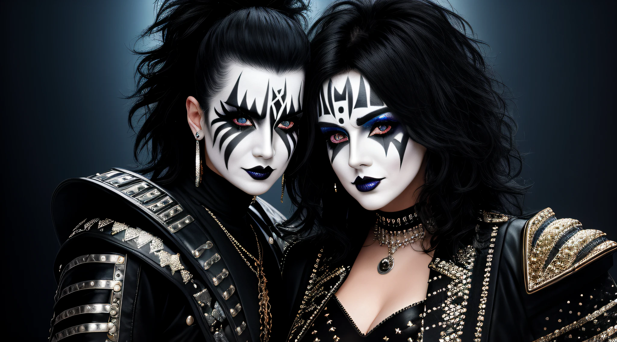 4K, Masterpiece, highres, absurdres,edg_makeup, a woman with a black and white face paint , edg_makeup on face, rockstar attire, rorckstar hair, surreal, lights on, shadows,great composition, (realistic:0.8), (((full body picture)))
