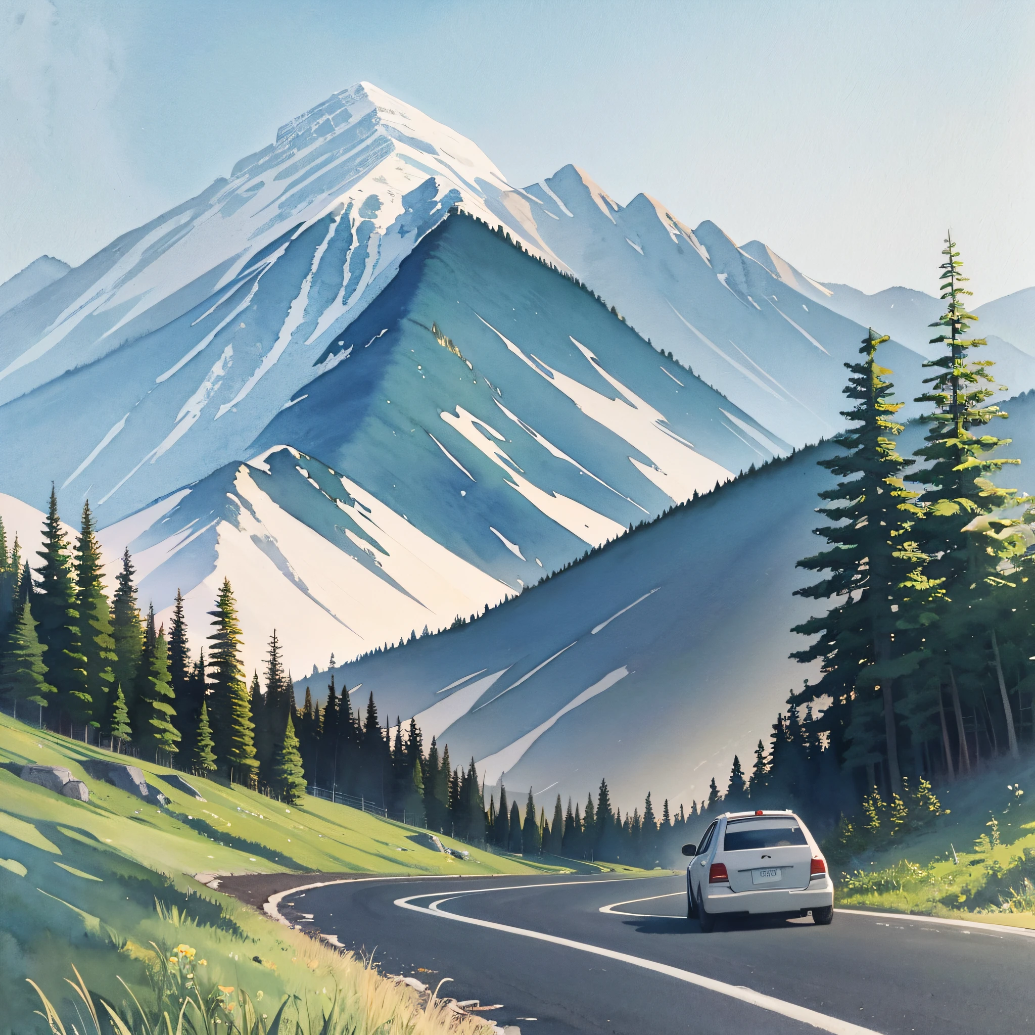 Watercolor, with a car through the mountains, Canadian mountain view, panorama