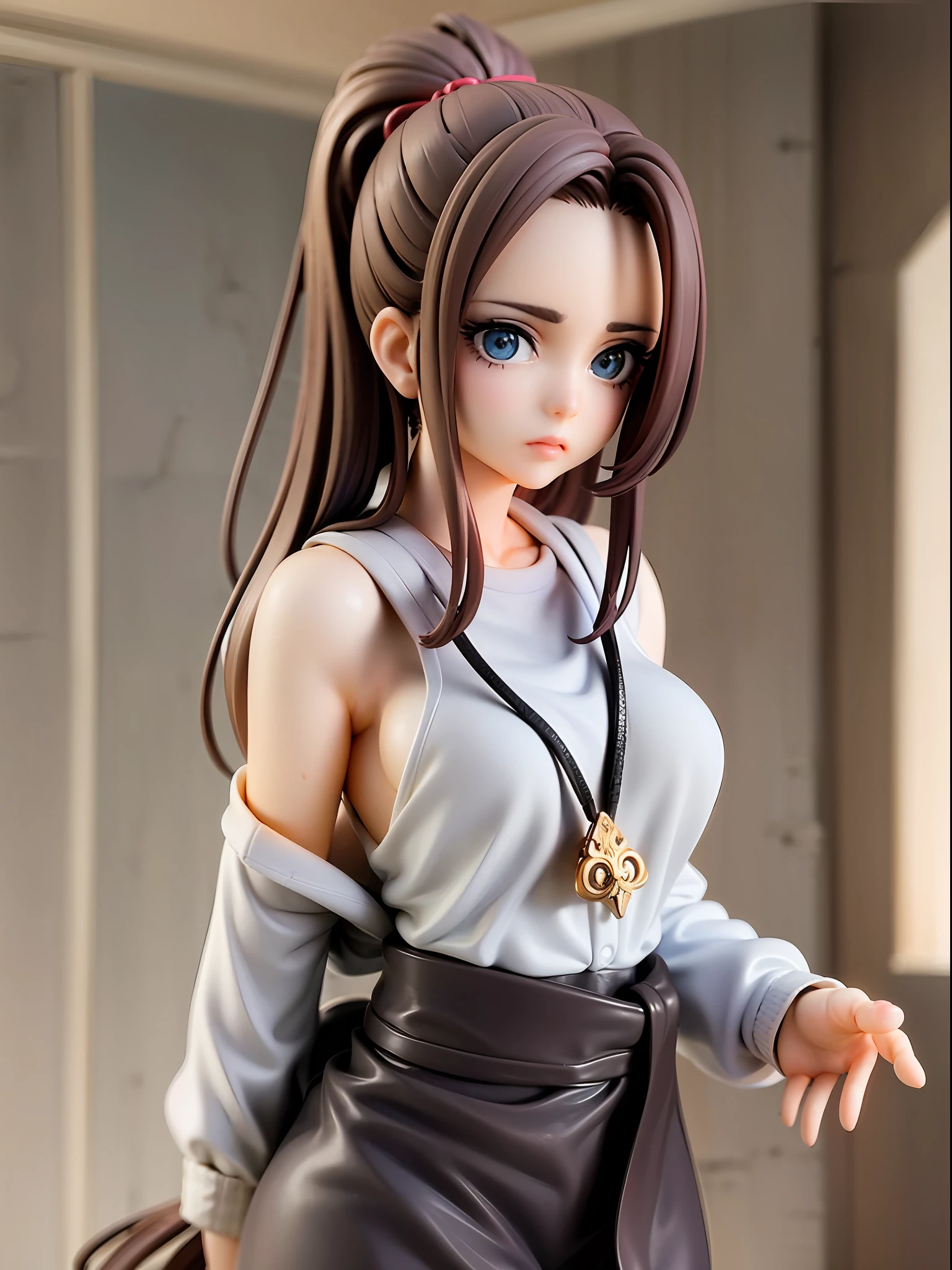 1girl, brown hair in high ponytail, strands of hair sweeping across the forehead, green eyes, pale skin, trained body, blue ribbon tied around the waist, standing with a relaxed posture,体操着、セクシー