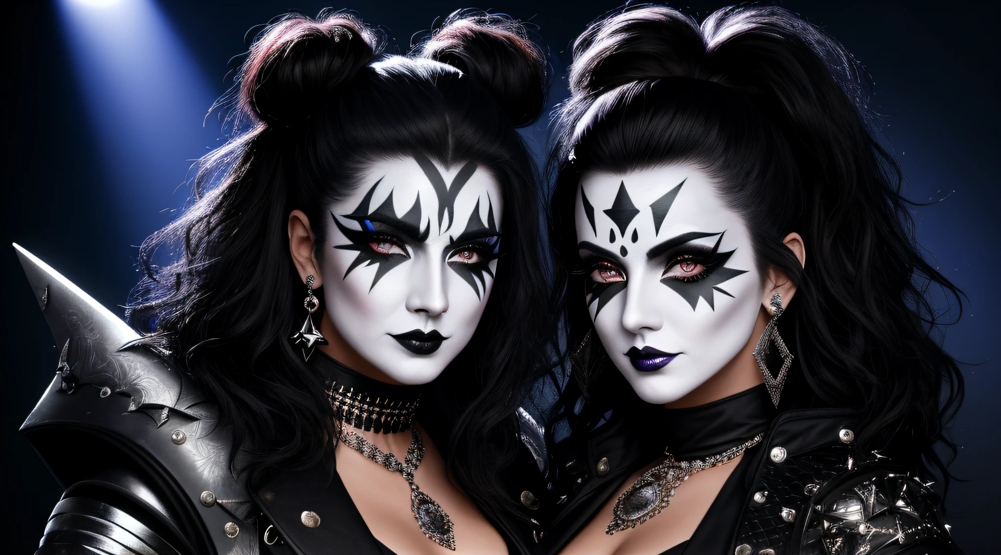 4K, Masterpiece, highres, absurdres,edg_makeup, a woman with a black and white face paint , edg_makeup on face, rockstar attire, rorckstar hair, surreal, lights on, shadows,great composition, (realistic:0.8), (((full body picture)))