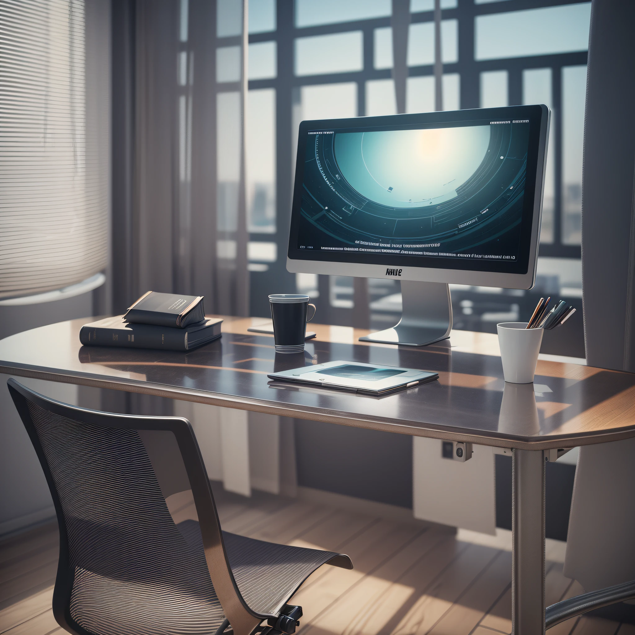 concept art, photorealistic photo, office, a computer on a desk, pleasant work environment, organized environment, dimly lit, highly realistic image, marketing, (high quality 4k image) --auto --s2