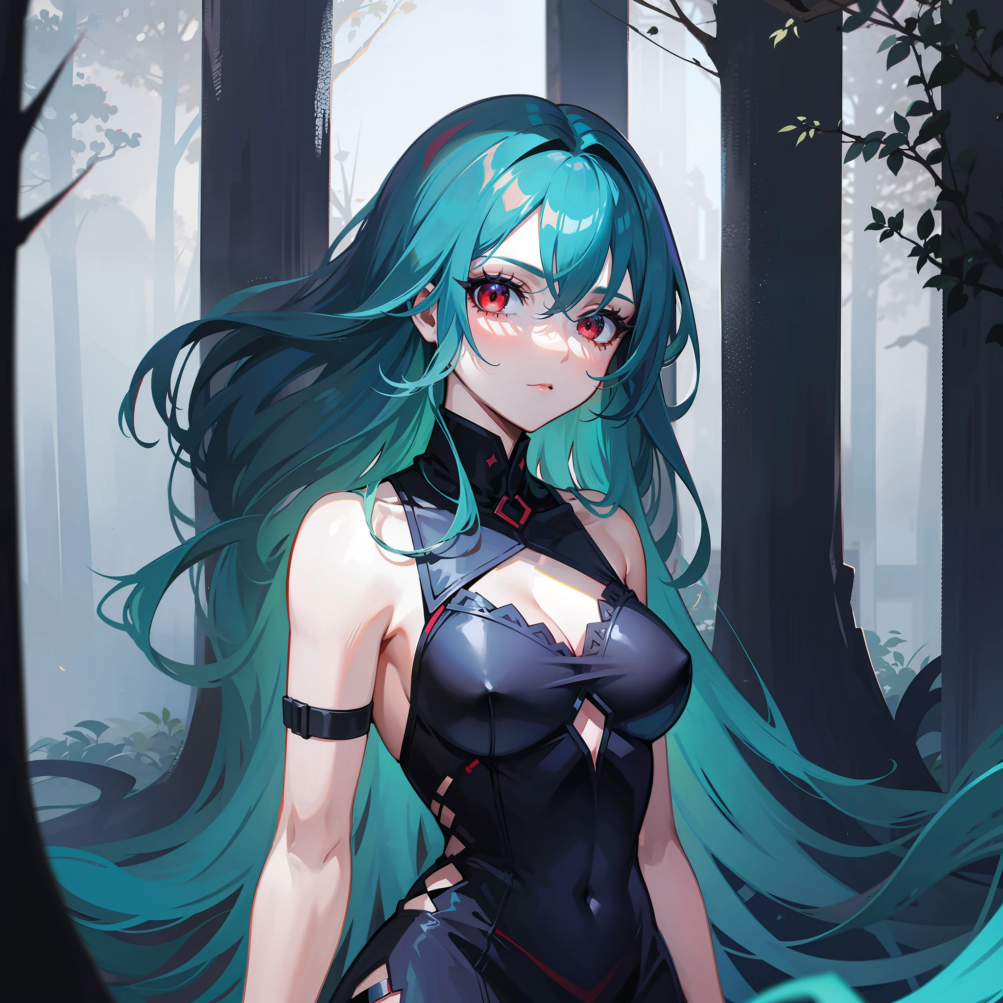 A woman, cyan hair, red eyes, long hair, gothic dress, athletic body, shadowy forest