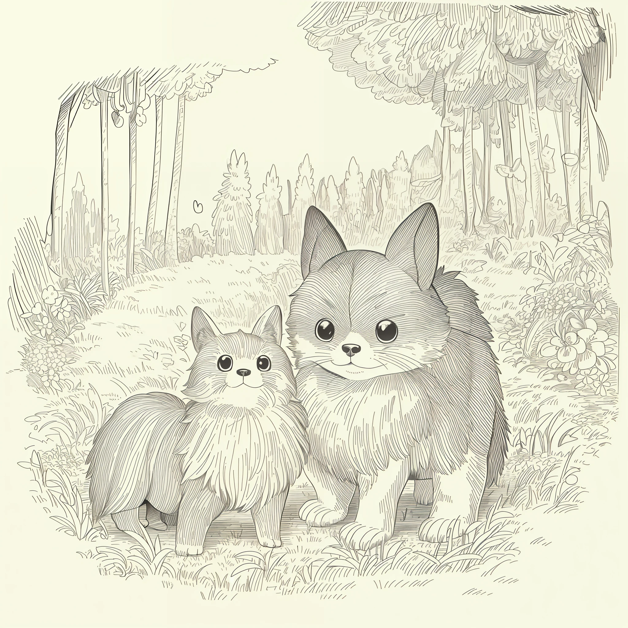 (High quality, 8k) line drawing, lineart, black and white, 1 cute and fluffy chihuahua dog, 1 cute and fluffy cat, in the forest with trees and flowers