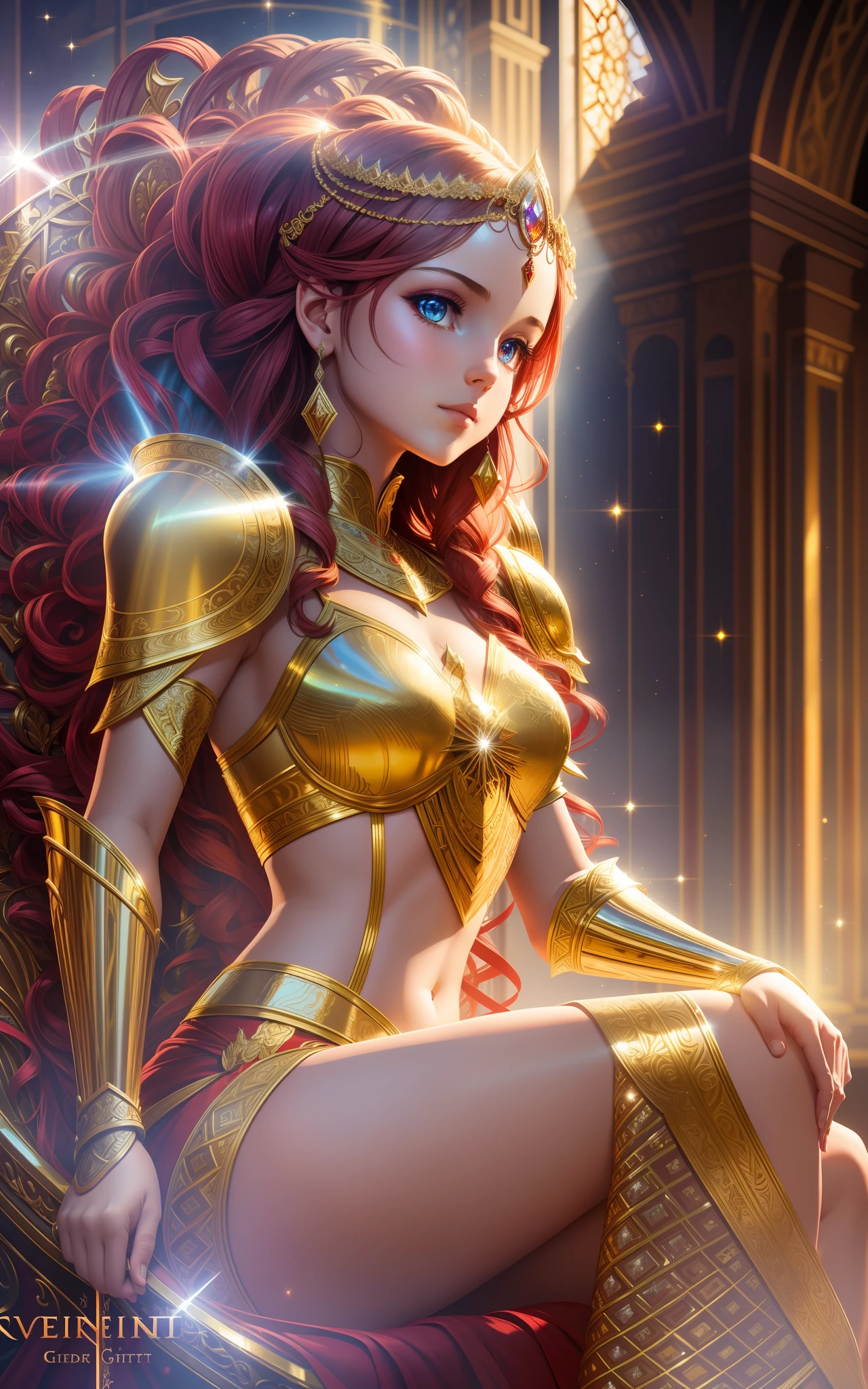 award winning 64k concept art of (1girl:1.2) in red shiny ornate armor sitting on the throne, epic, god rays, centered, (masterpiece:1.2), (best quality:1.2), Amazing, highly detailed, beautiful, finely detailed, warm soft color grading, Depth of field, extremely detailed 8k, fine art, stunning, iridescent, shiny, (light reflections:1.2), (crisp:1.5), curls, wind, vibrant, sunlit, edge detection