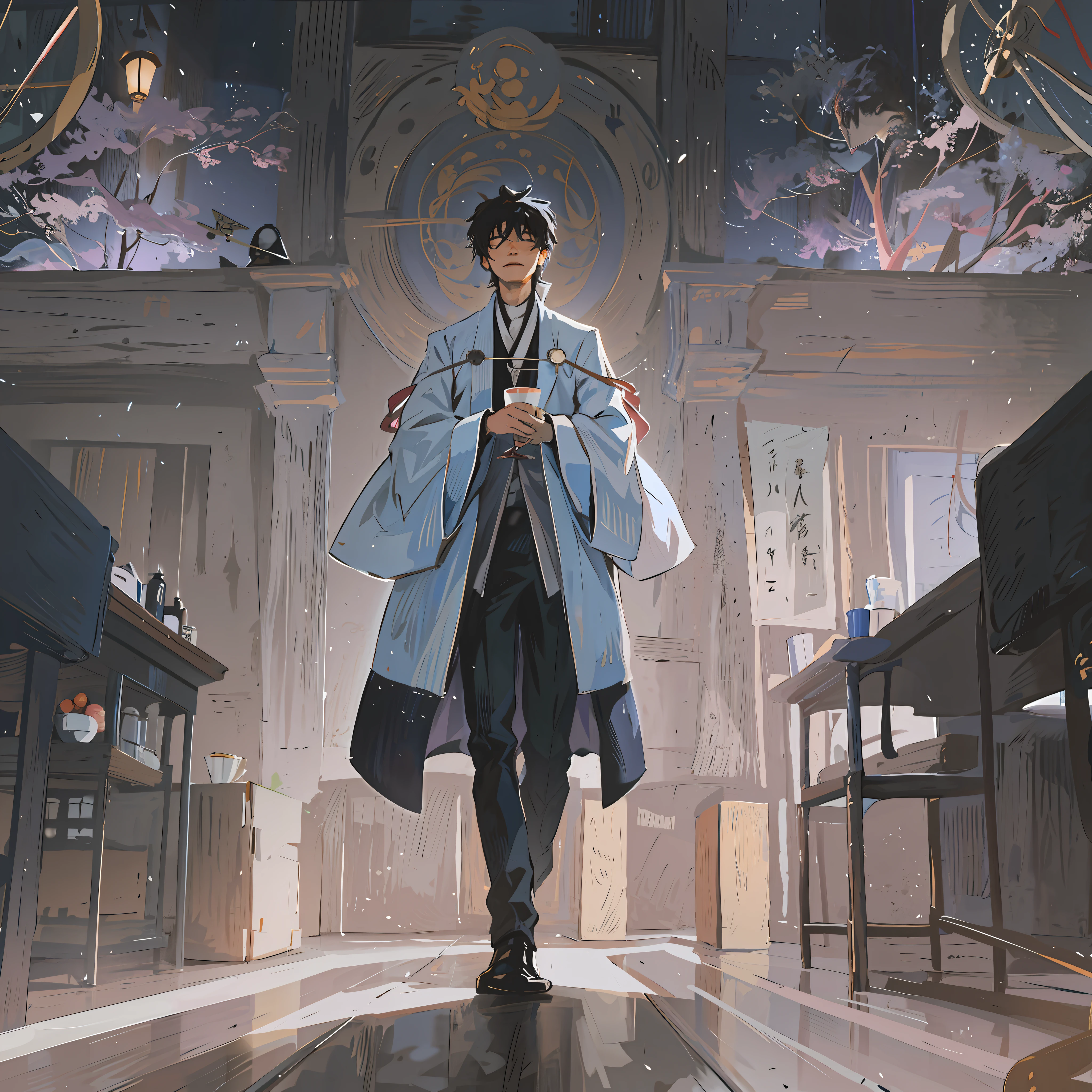 anime - style image of a man in a long coat walking in a room, inspired by Okumura Masanobu, hijikata toushirou, hijikata toushirou of gintama, inspired by Munakata Shikō, alchemist library background, he is in a alchemist lab, best anime 4k konachan wallpaper
