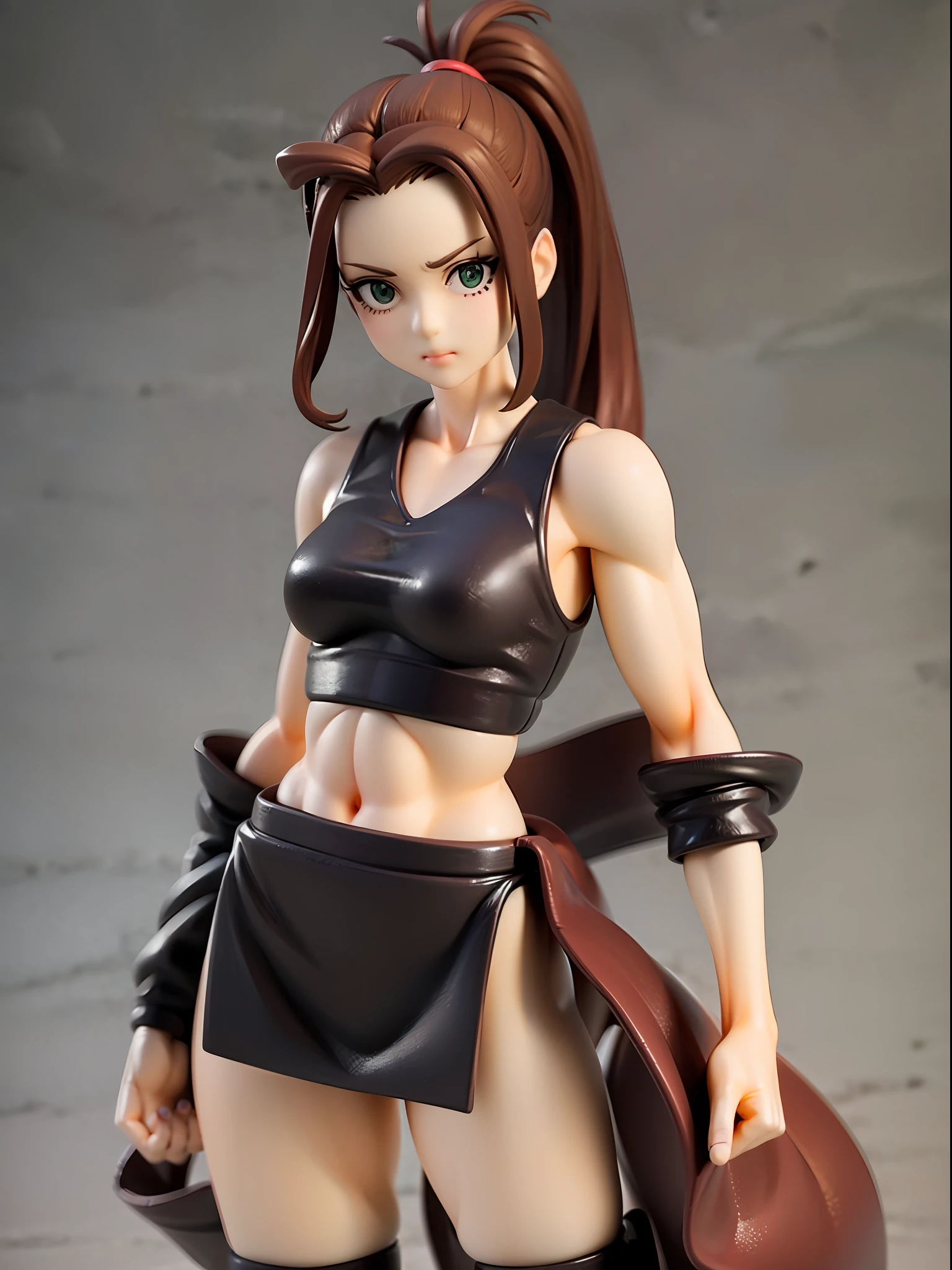 1girl, brown hair in high ponytail, strands of hair sweeping across the forehead, green eyes, pale skin, muscle body, blue ribbon tied around the waist, standing with a relaxed posture.