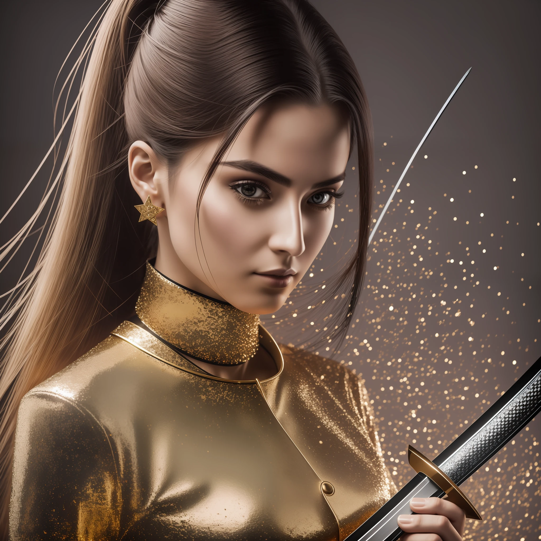Portrait of ultra realistic sparkling slim beautiful woman with katana sword by Kazimir Malevich, DSLR, 24k