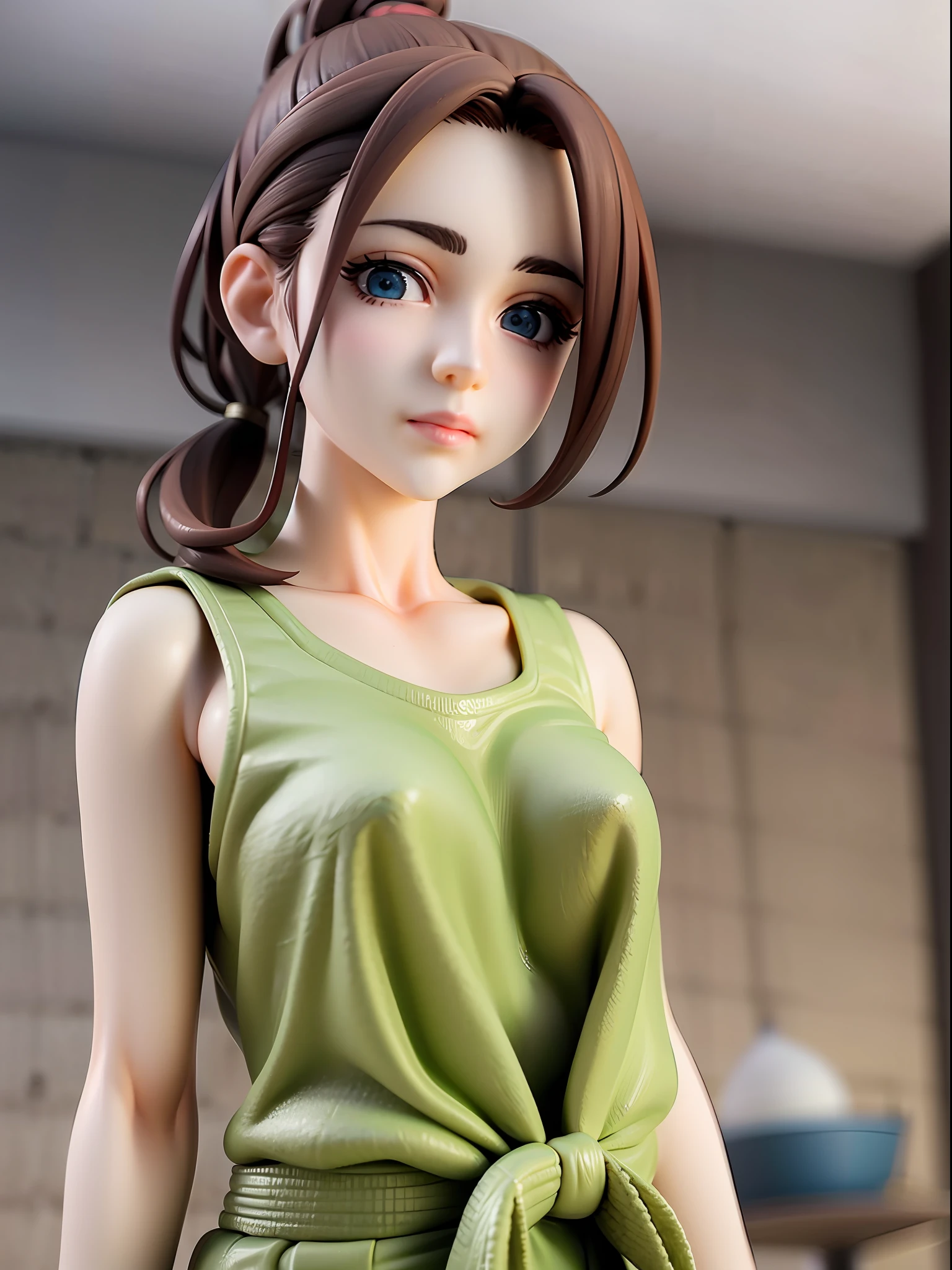 1girl, brown hair in high ponytail, strands of hair sweeping across the forehead, green eyes, pale skin, trained body, blue ribbon tied around the waist, standing with a relaxed posture,体操着、セクシー、大きな胸