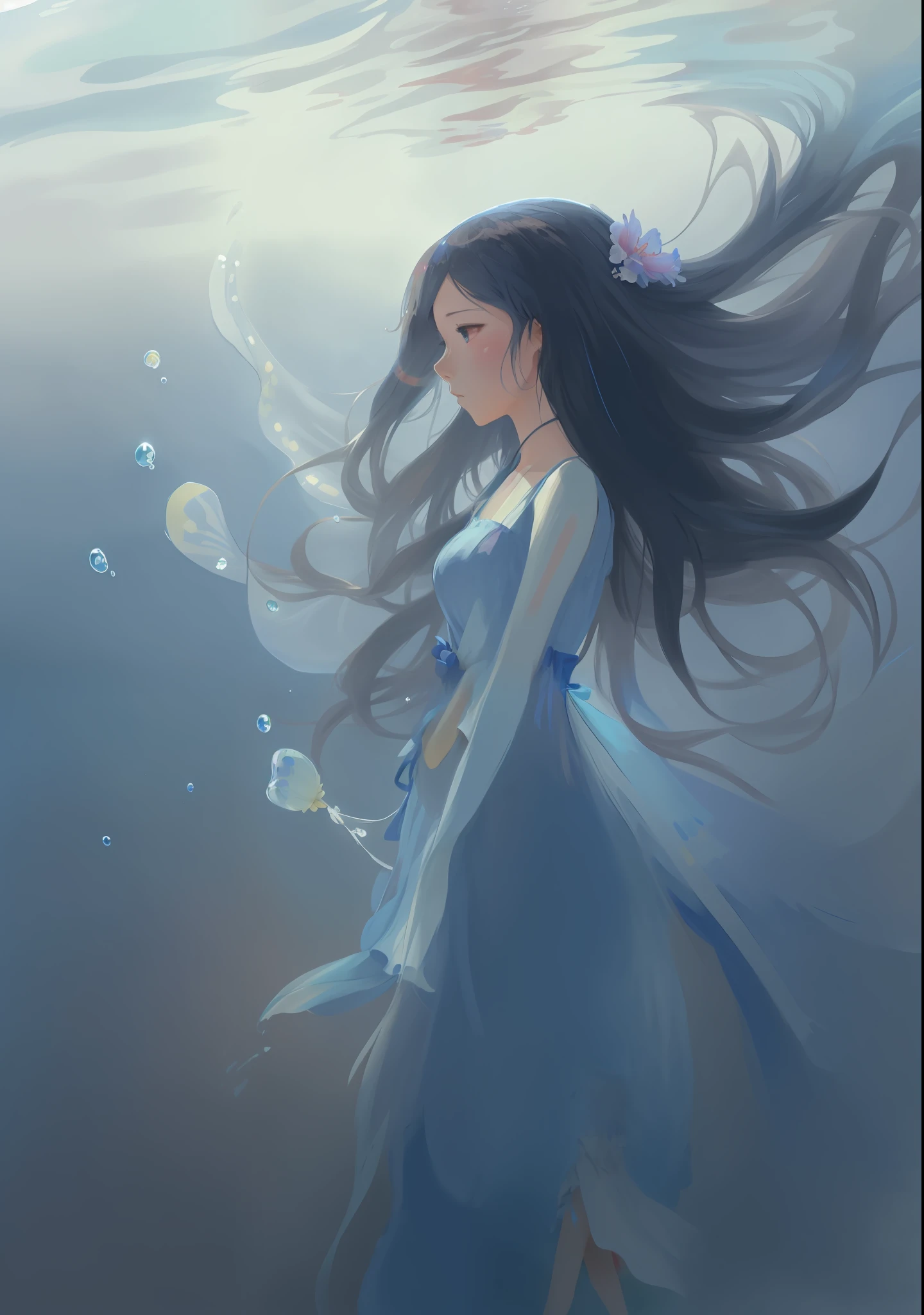 anime girl in a blue dress blowing her hair in the water, anime girl walking on water, a beautiful artwork illustration, painted in anime painter studio, jellyfish shrine maiden, asian female water elemental, made with anime painter studio, soft anime illustration, wallpaper anime blue water, water fairy, ethereal anime, beautiful anime artwork, beautiful anime art, soft digital painting
