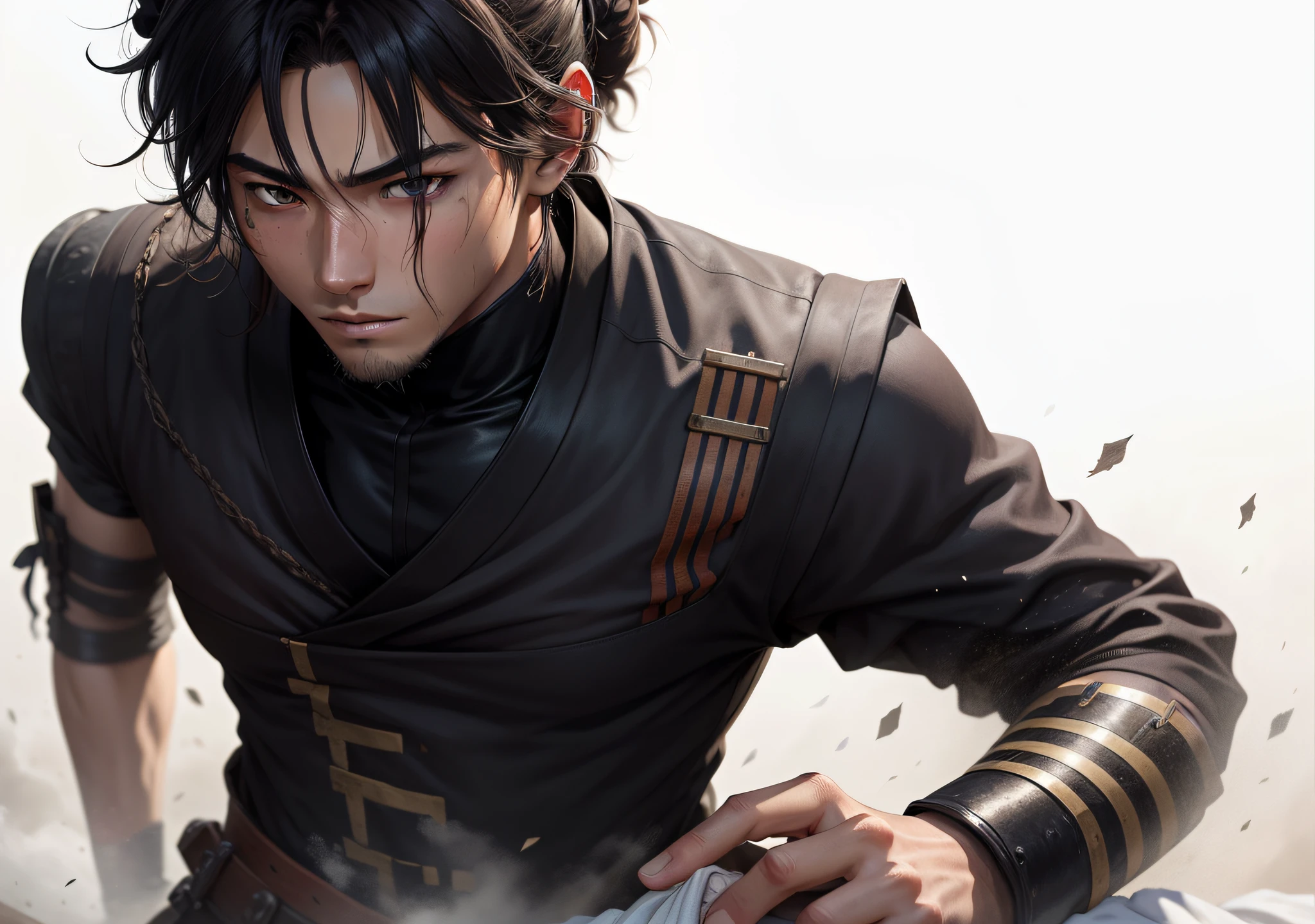 A battlefield as background, skin and laundry soiled by soot, male male, young adult, anime illustration & manga, long hair with samurai bun