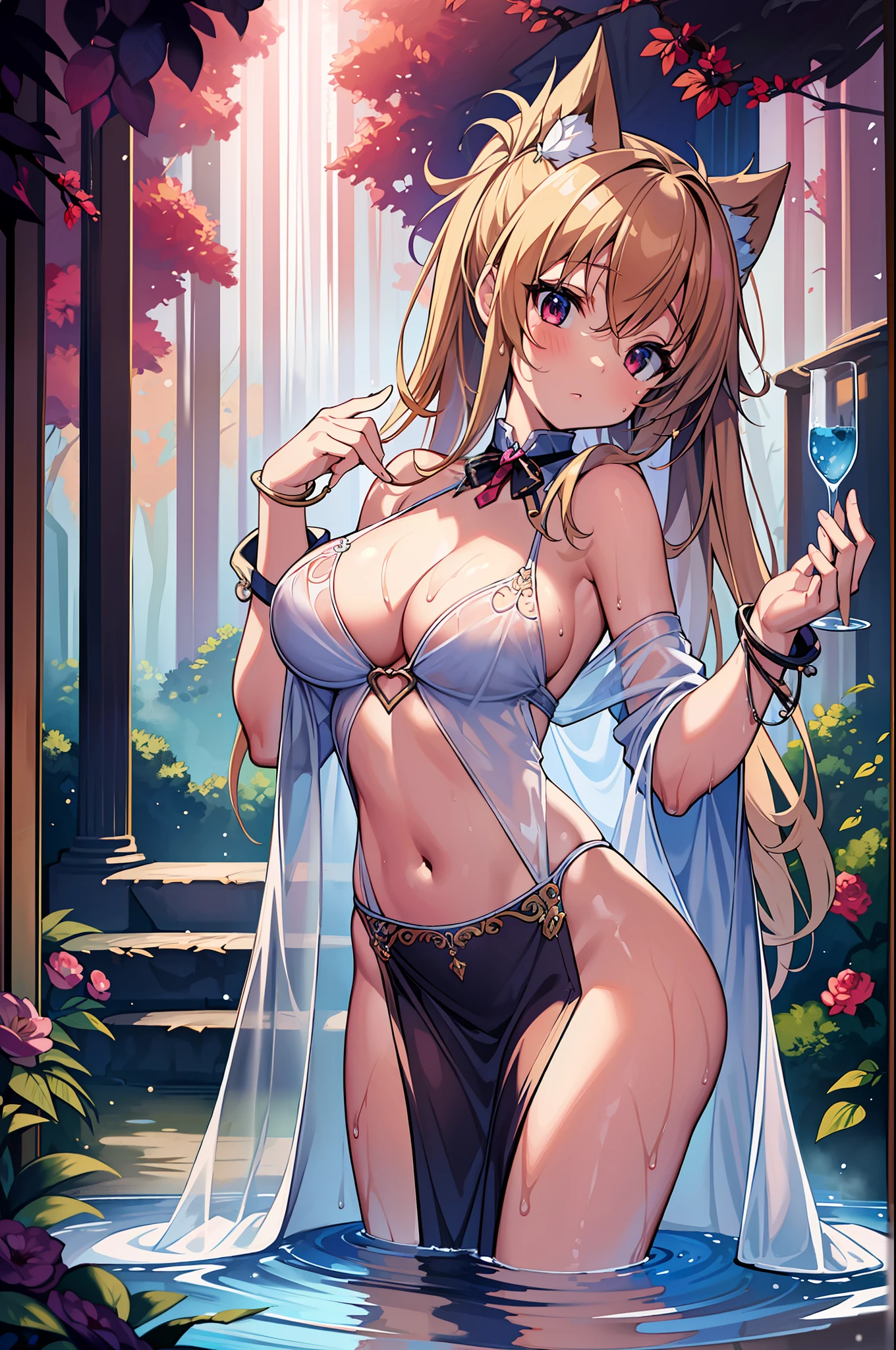 (MASTERPIECE), (Best Quality), (Ultra Detail), (Best Anatomy), Official Art, One Girl, Lori with Light Hair, Petite Little Girl, Goddess, See-Through Robe, Small Breasts, Cleavage, Off Shoulder, Underboob, Side Boob, Thigh Focus, Navel Out, Low Angle, Wet and See-through, Chest Stretching, Card Illustration, Deep Forest Fountain