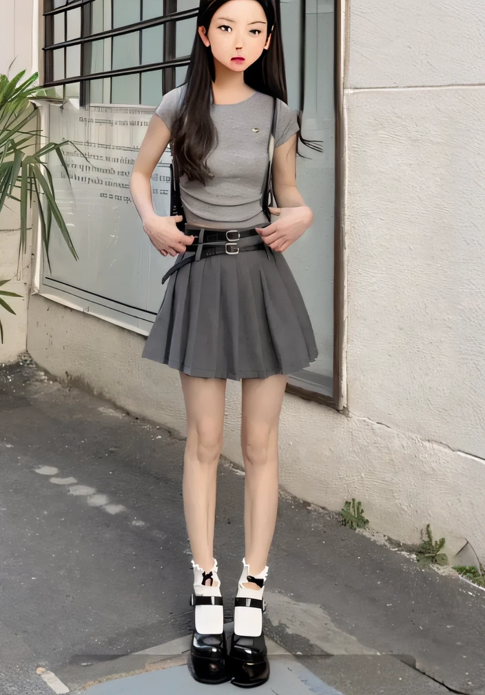 Chinese woman standing on sidewalk in gray dress and black shoes, looks very beautiful, delicate facial features, gray skirt, transparent gray skirt, dark gray, gray, pastel cyberpunk style, cool style, cute casual streetwear, casual modern clothing, wearing skirt, wearing skirt, cyberpunk style clothing, casual clothing style, gray clothes, women's clothing, cute young lady all over, cute style