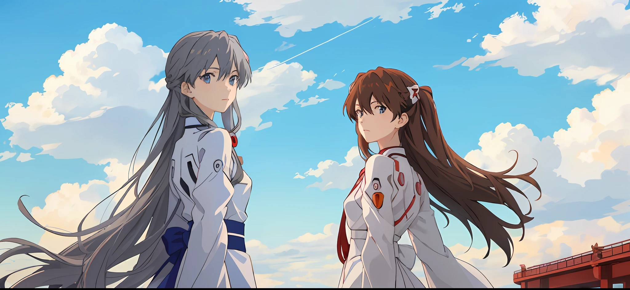 Masterpiece, highest quality, delicate
Eva Final, 2 girls, twins, 1 Souryu Asuka Langley, , 2 Rei Ayanami, blue eyes, sky, long hair, clouds, 1 brown hair,2 gray hair, watch viewer, blue sky,clouds, sky, outdoors, sunset,Shin Evangelion. Kyoto Animation