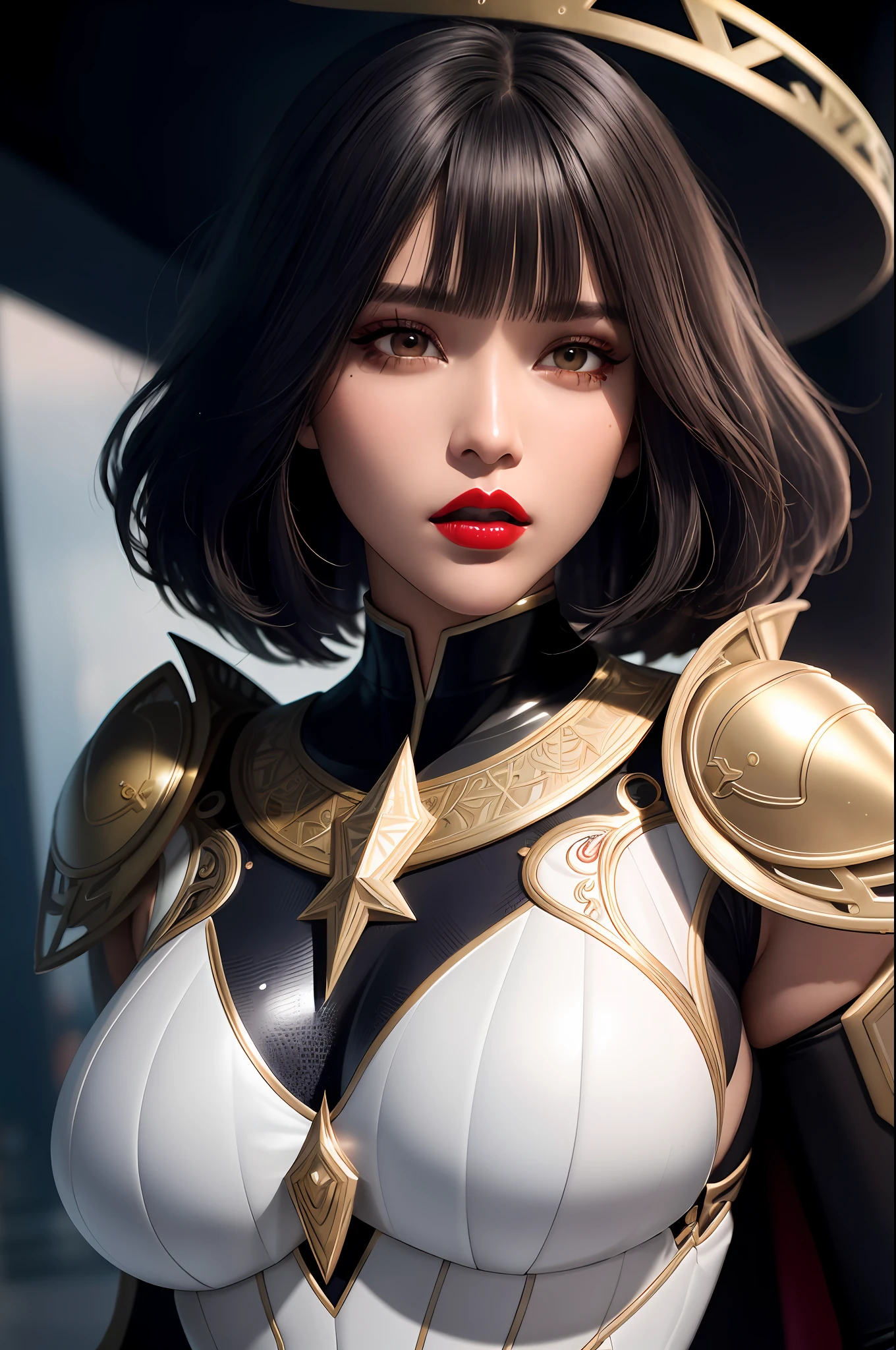 (Masterpiece) realistic BIG bust to the pelvic area of a beauty hyperrealist & photorealist beauty young astonishing idol kpop KNIGHT QUEEN girl in highly & extremely detailed black & white futuristic combat suit body (WITH IRON TEXTURE) with cape & scarf (masterpiece), magic & incantation glowing flying surrounded her, Unity 8k, pearly perfect tanned wet skin with pores (short bob cut hair with colorful bangs fringes) ((perfect face shapes, complete perfect red lips, perfect nose, correct beautiful eyes, eyelashes, detailed intricate iris textured face in ZBrush)), full HD vines, midnight aura, BLOODBOURNE style aesthetic, developed by Unreal Engine 5, Ultra Sharp Focus, Art by Alberto Seveso, Sci-Fi, vibrant & intricate Artwork, golden Ratio, epic