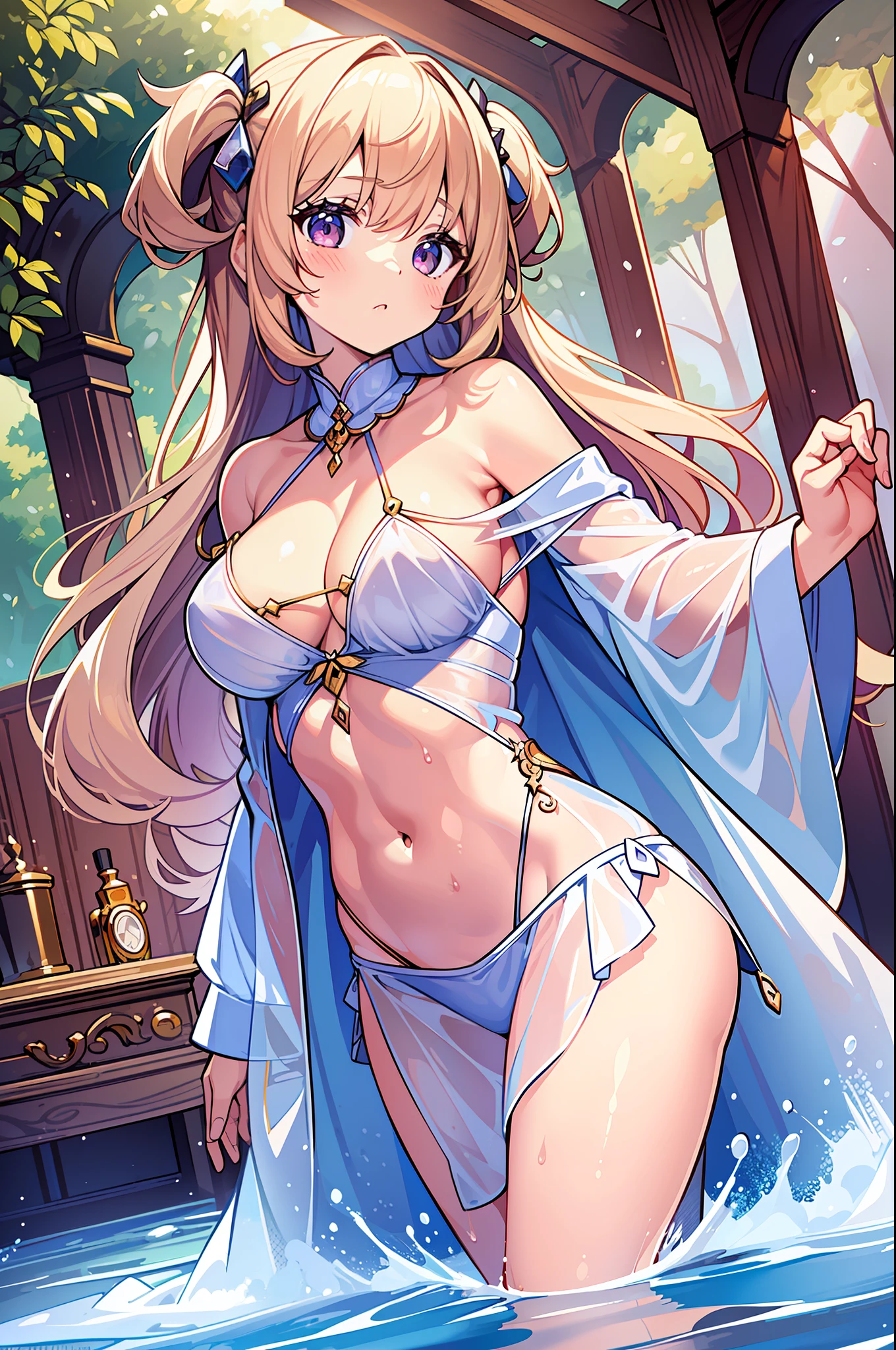 (MASTERPIECE), (Best Quality), (Ultra Detail), (Best Anatomy), Official Art, One Girl, Lori with Light Hair, Petite , Goddess, See-Through Robe, Small Breasts, Cleavage, Off Shoulder, Underboob, Side Boob, Thigh Focus, Navel Out, Low Angle, Wet and See-through, Chest Stretching, Card Illustration, Deep Forest Fountain