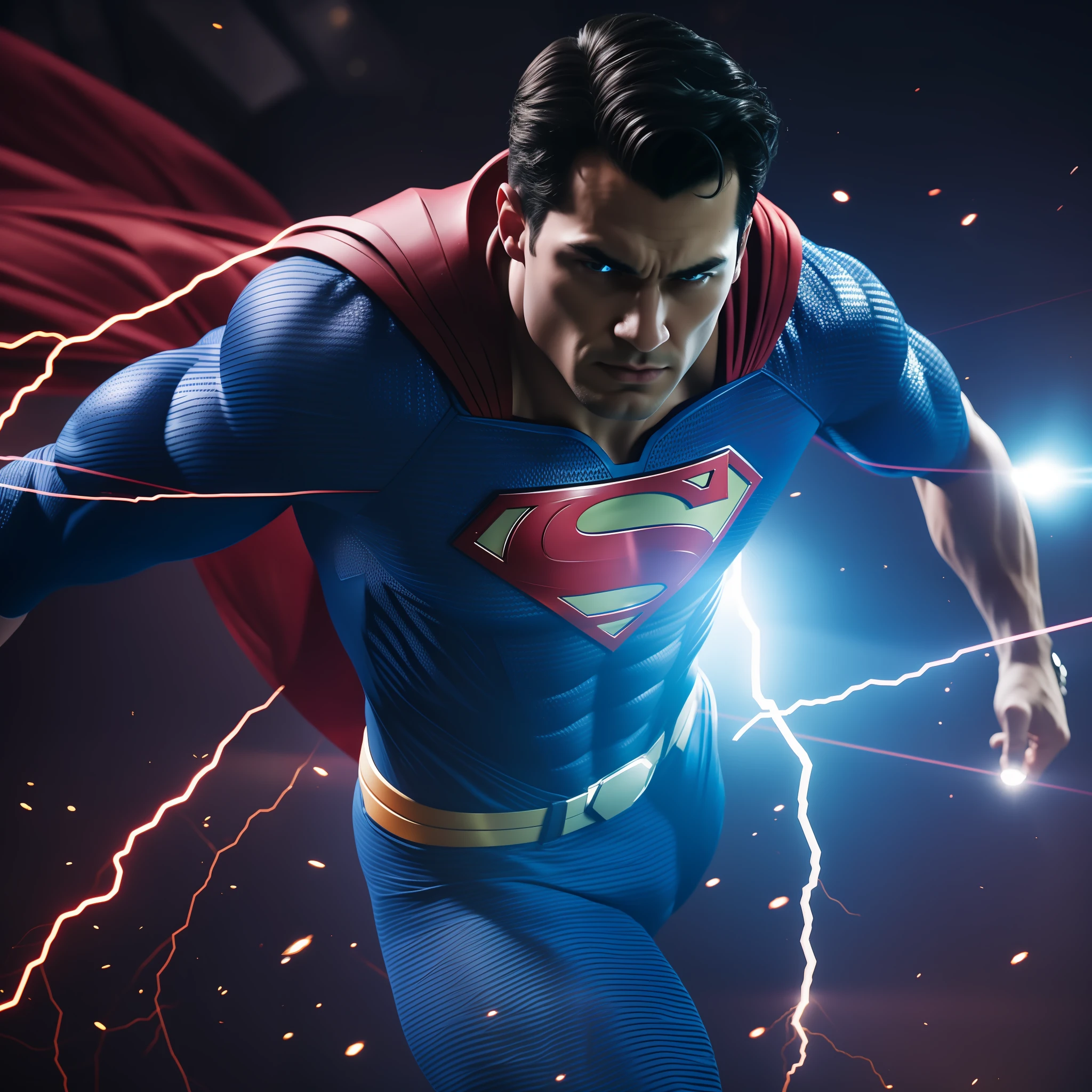 Create an art of superman flying facing the camera, media distance, ultra realistic, extremely detailed, 8k, cinematic lighting, perfect arms and legs, Cinematic lighting, Unreal Engine 5, Cinematic, Color Grading, Editorial Photography, Photoshoot, Shot on 70mm lens, Depth of Field, DOF, Tilt Blur, Shutter Speed 1/1000. F/22, White Balance, 32K, Super-Resolution, Megapixel, ProPhoto RGB. VR, high, epic, artgerm, alex ross, Halfrear Lighting, Backlight, Natural Lighting, Incandescent, Optics, Fiber, Moody, Lighting, Cinematic, Lightning, Studio Lightning, Soft Lightning, Volumetric, Contre-Jour, dark Lighting, Accent Lighting, Global Illumination, Screen Space Global Illumination, Ray Tracing, Global Illumination, Red Rim light, cool color grading 45%. Optical, Scattering, Bright, Shadows, Rough, Sparkling, Ray Tracing Reflections, Lumen Reflections, Screen Space Reflections, Diffraction Grading, Chromatic, Aberration, GB Offset, Scan Lines, Ray Tracing, Ray Tracing Environment Occlusion, Anti-Aliasing, FKAA, TXAA, RTX, SSAO, Shaders, OpenGL-Shaders, GLSL-Shaders, Post-Processing, Post-Production, Cel Shading, Tone Mapping, CGI VFX, SFX, insanely detailed and intricate, hypermaximalist, elegant, hyper realistic, supee detailed, dynamic pose, centered, photography