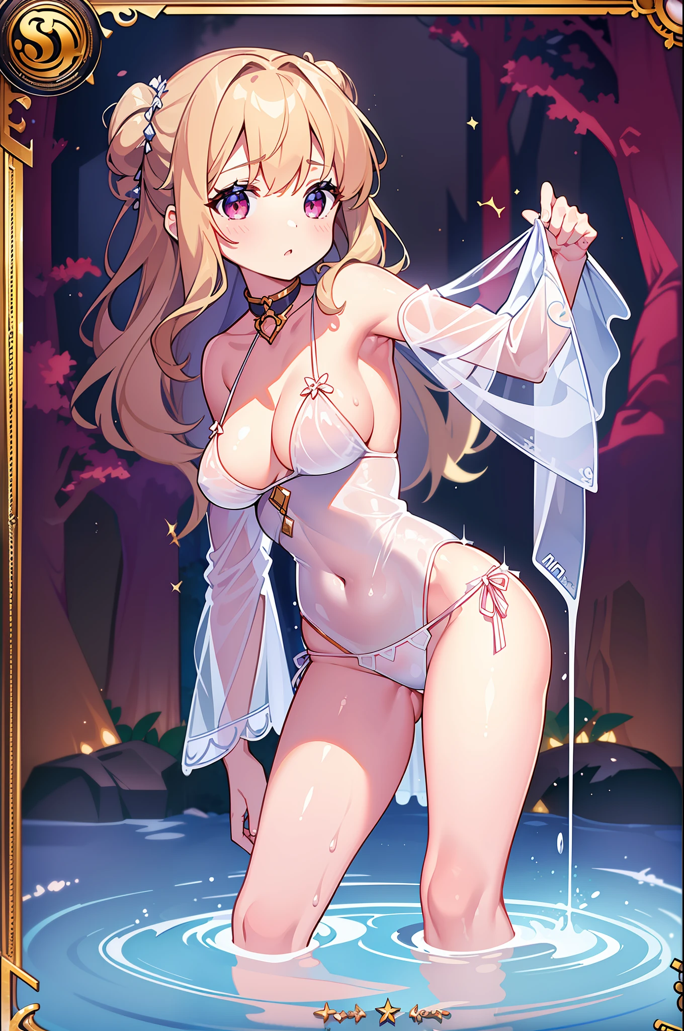 (MASTERPIECE), (Best Quality), (Ultra Detail), (Best Anatomy), Official Art, One Girl, Lori with Light Hair, Petite , Goddess, See-Through Robe, Small Breasts, Cleavage, Off Shoulder, Underboob, Side Boob, Thigh Focus, Navel Out, Low Angle, Wet and See-through, Chest Stretching, Card Illustration, Deep Forest Fountain