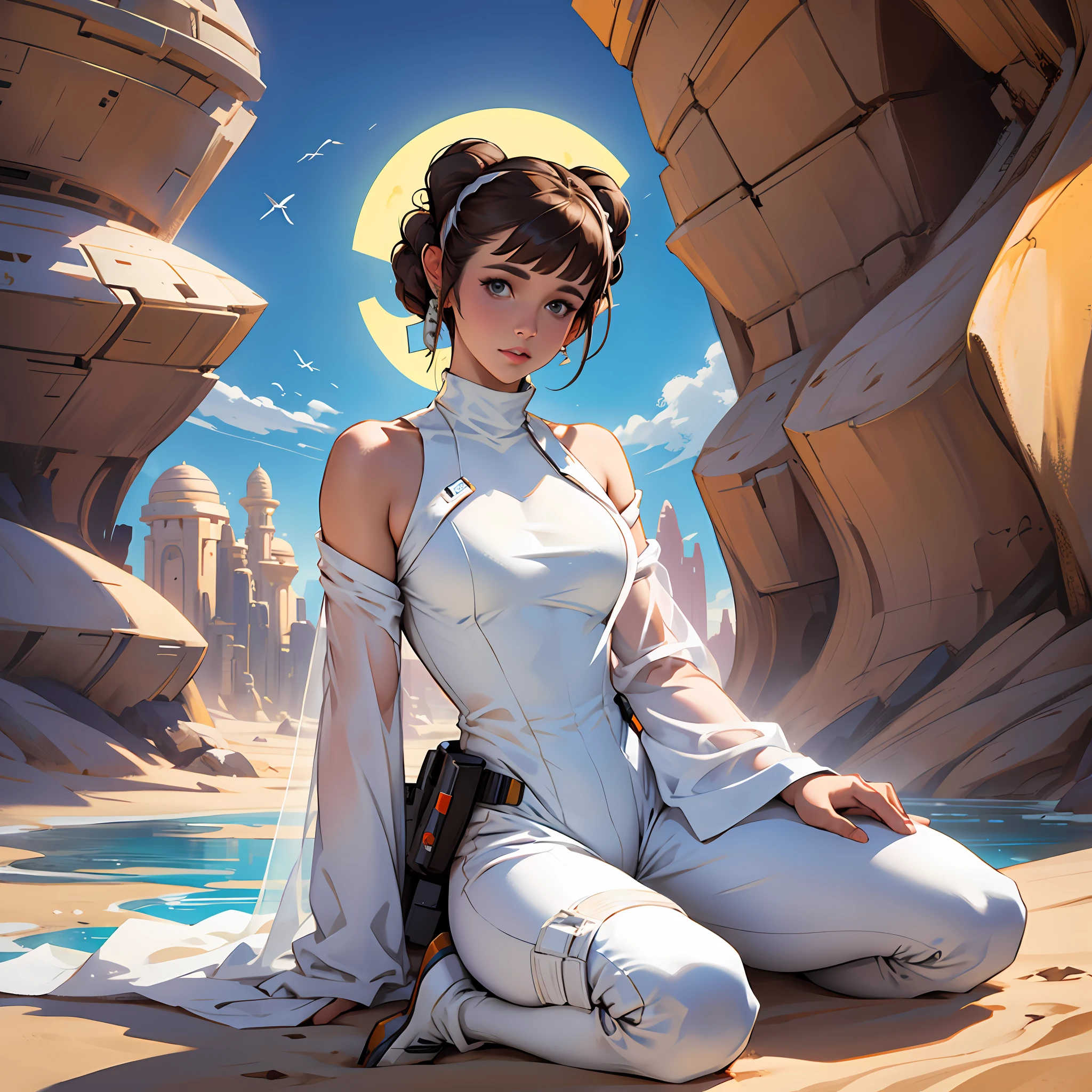 Princess Leia dressed in a sticky white jumpsuit sitting in a sensual pose next to a spaceship perched on the sands of a desert oasis --auto --s2