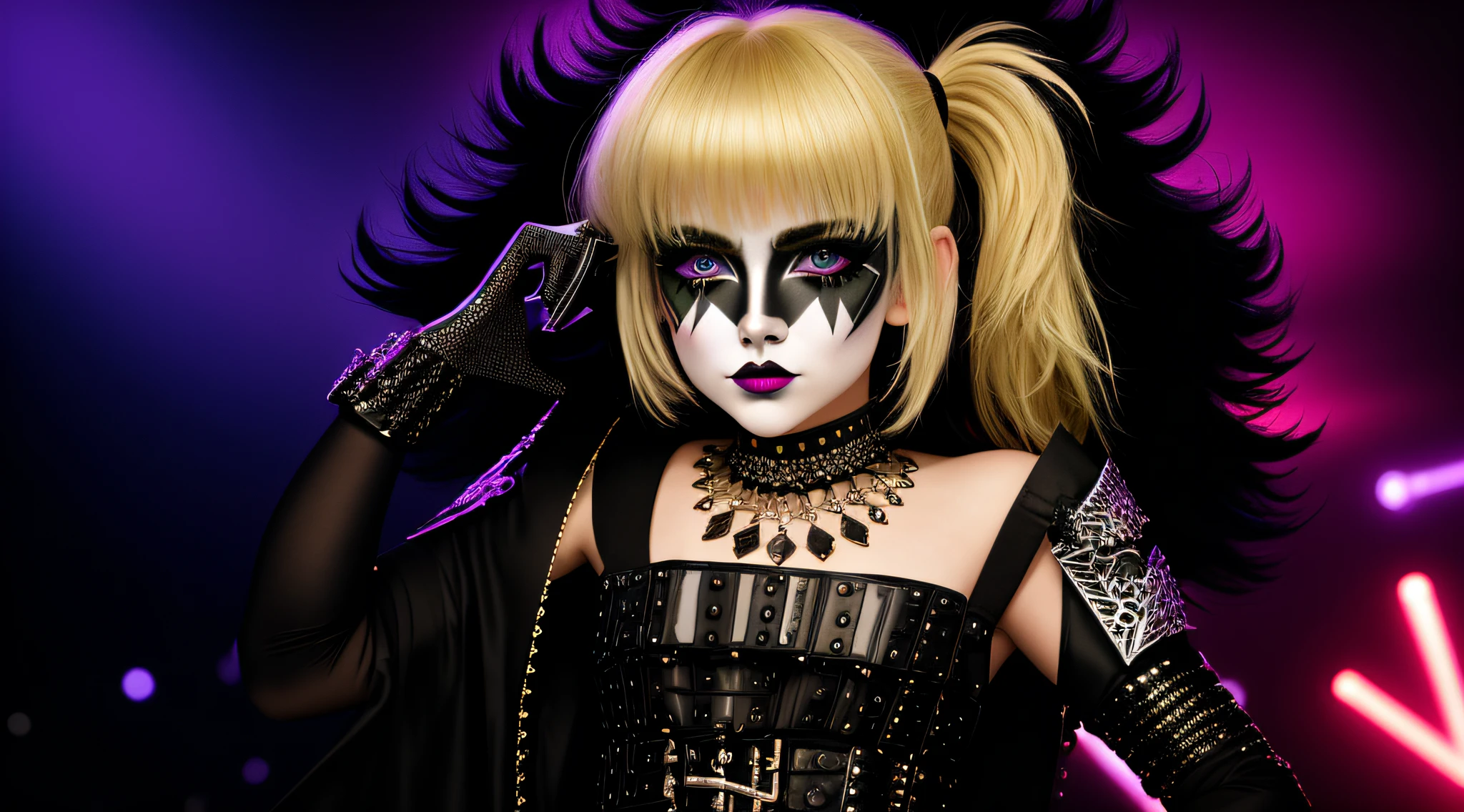 GIRL CHILD , BLONDE, 4K, Masterpiece, highres, absurdres, edg_makeup, a woman with a black and white face paint, edg_makeup on her face, rockstar costume, rorckstar hair, surreal, lights on, shadows, great composition, (realistic: 0.8), (((full body image)))