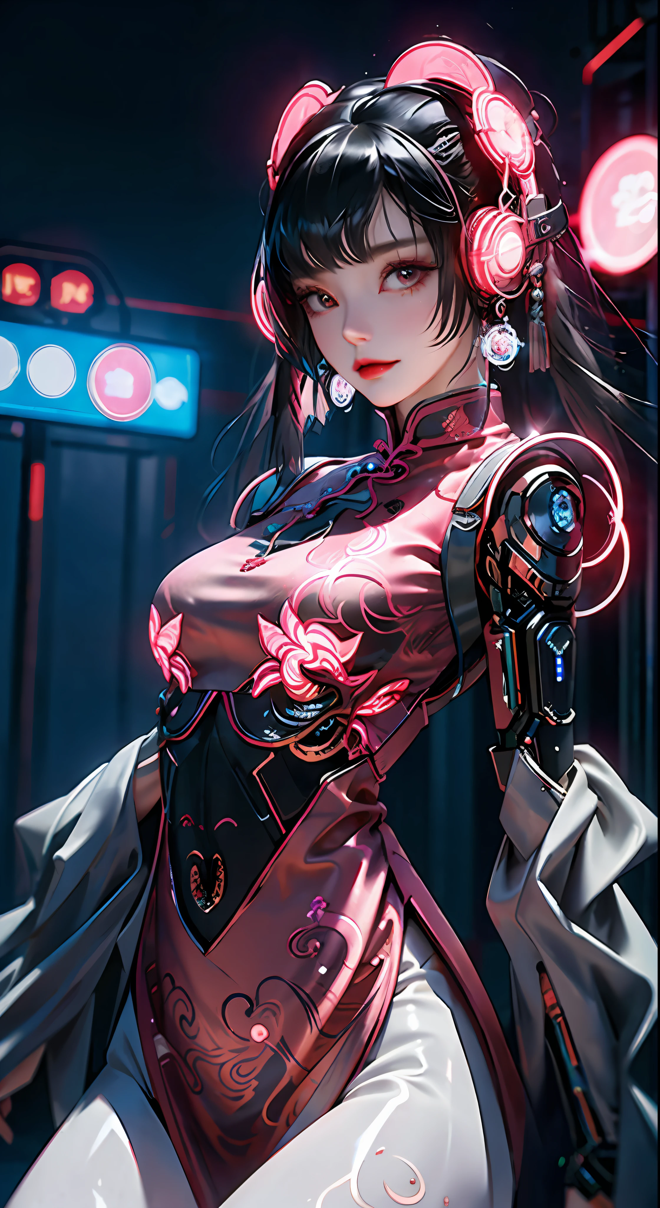 1 girl, Chinese_clothes, liquid silver and pink, cyberhan, cheongsam, cyberpunk city, dynamic pose, glowing headphones, glowing hair accessories, long hair, glowing earrings, glowing necklace, cyberpunk, high-tech city, full of mechanical and futuristic elements, futuristic, technology, glowing neon, pink, pink light, transparent tulle, transparent streamers, laser, digital background urban sky, big moon, with vehicles, best quality, masterpiece, 8K, character edge light, Super high detail, high quality, the most beautiful woman in human beings, smiling slightly, face facing front and left and right symmetry, ear decoration, beautiful pupil light effects, visual data, silver-white hair, hair is not messy, long hair over the waist, luminous electronic watch, deep eyes, happy, English doodling