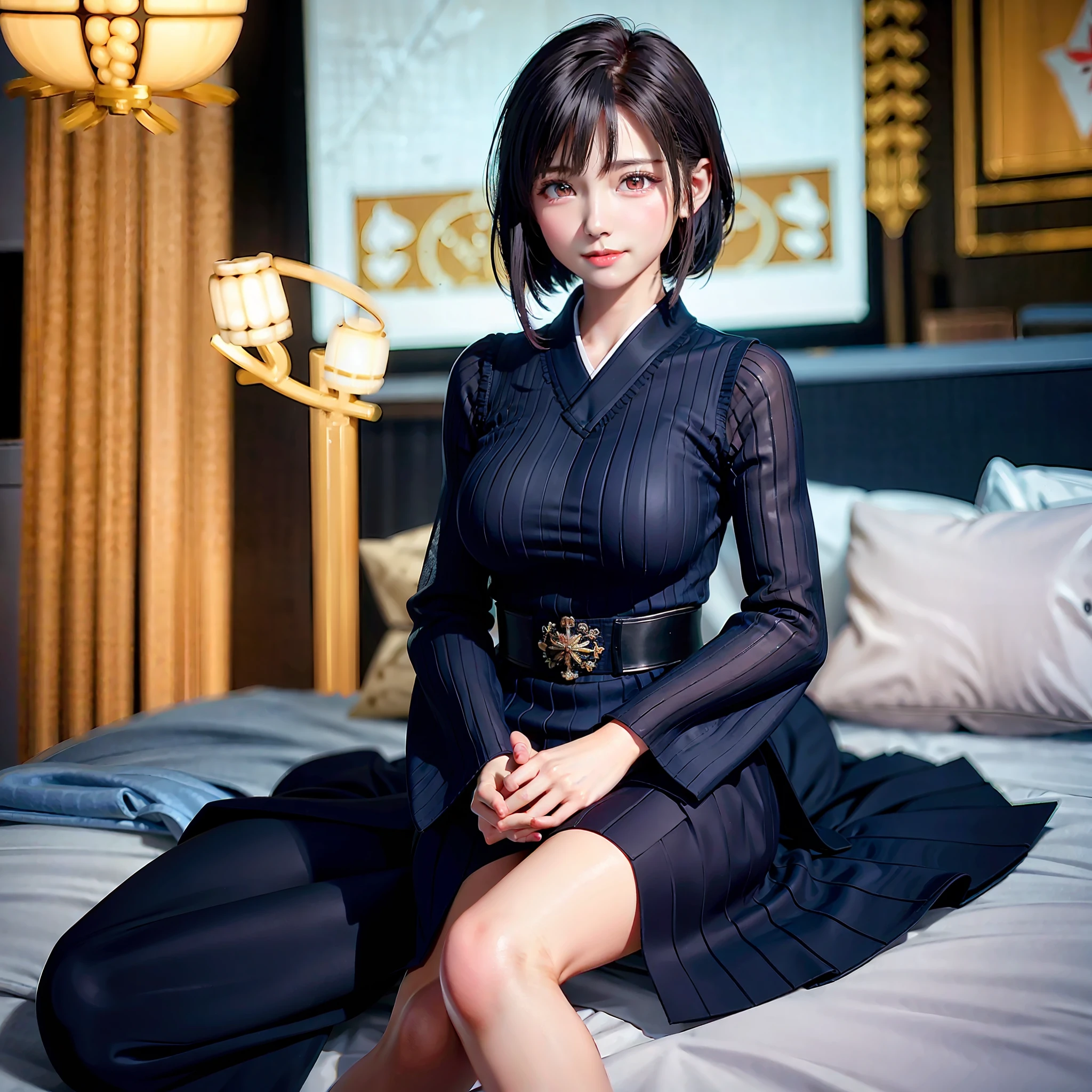 Masterpiece, best quality, 1 beautiful girl, Asian girl, Japanese, Korean, idol, detailed eyes, big eyes, double eyelids, puffy eyes, short hair, Chinese dress, beautiful skin, smile, pool, half Japanese half French, black eyes, 25 years old, looking straight ahead, gaze in front, convent, realistic photo, super cute, sexy, slender,
