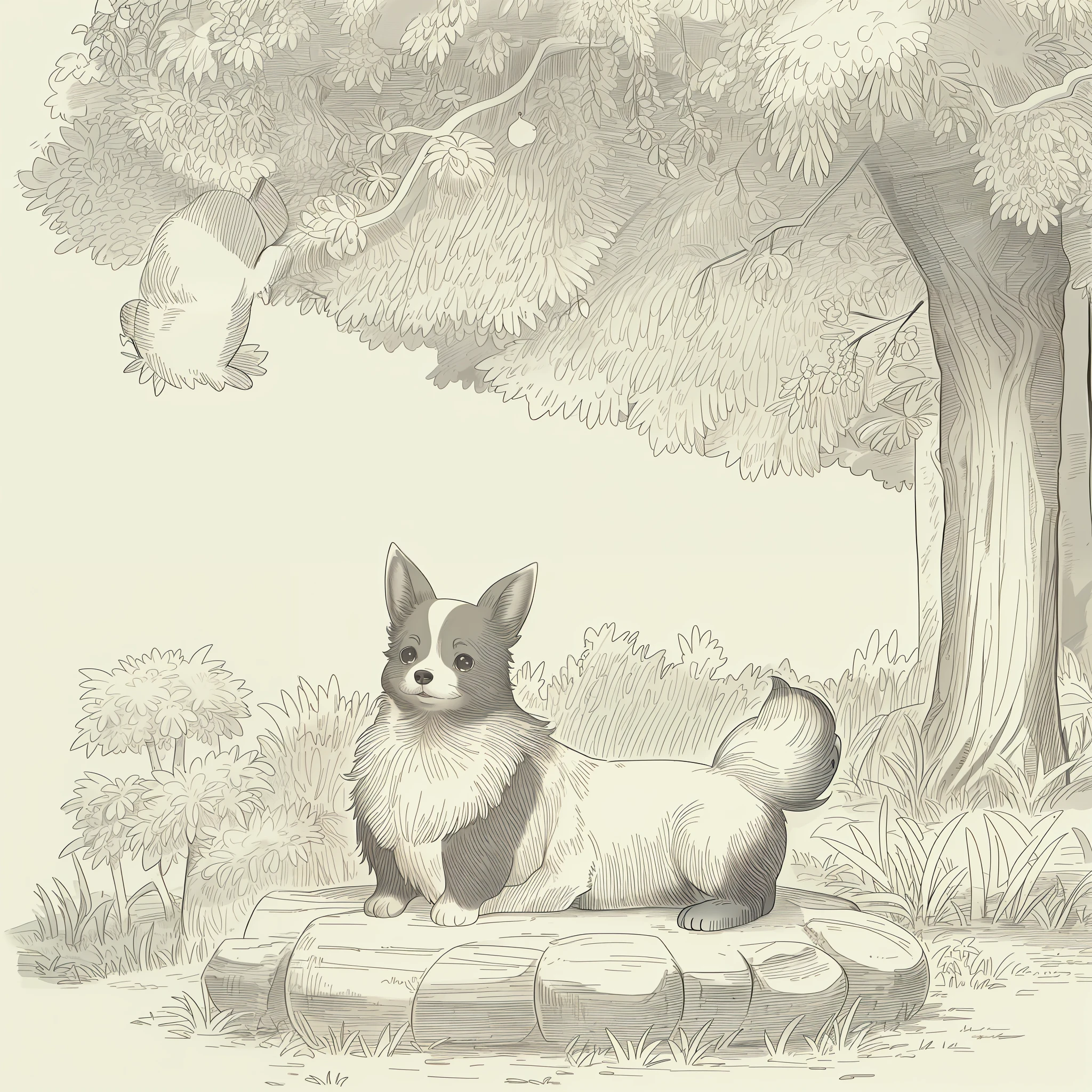 (High quality, 8k) line drawing, lineart, black and white, 1 cute and fluffy chihuahua dog, 1 cute and fluffy cat, in the forest with trees and flowers