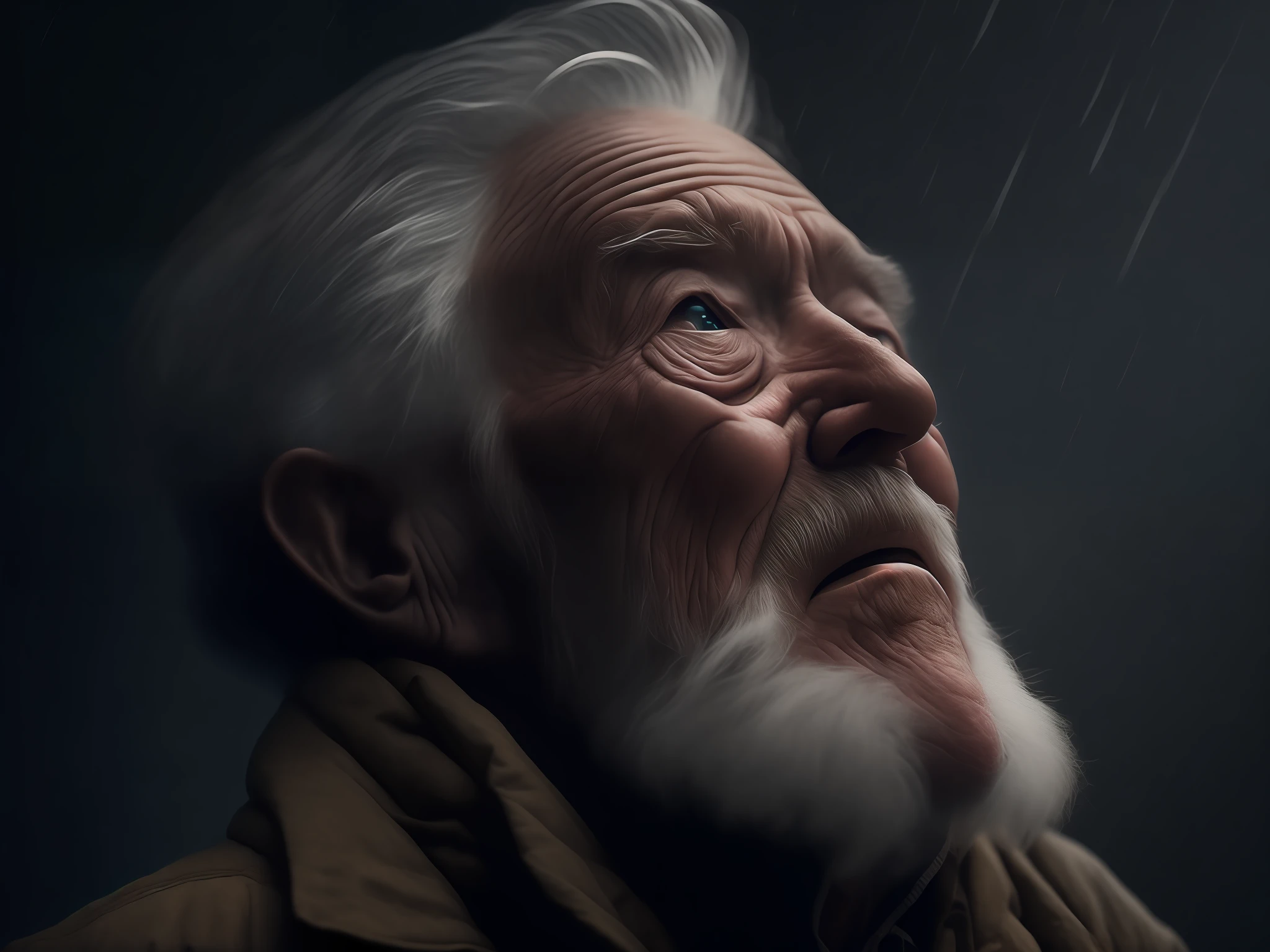 Realistic award winning photo of an old man (looking up at the sky:1.3), expression conveying a sense of satisfaction and victory, heavy rain falling on his face, hyper detailed