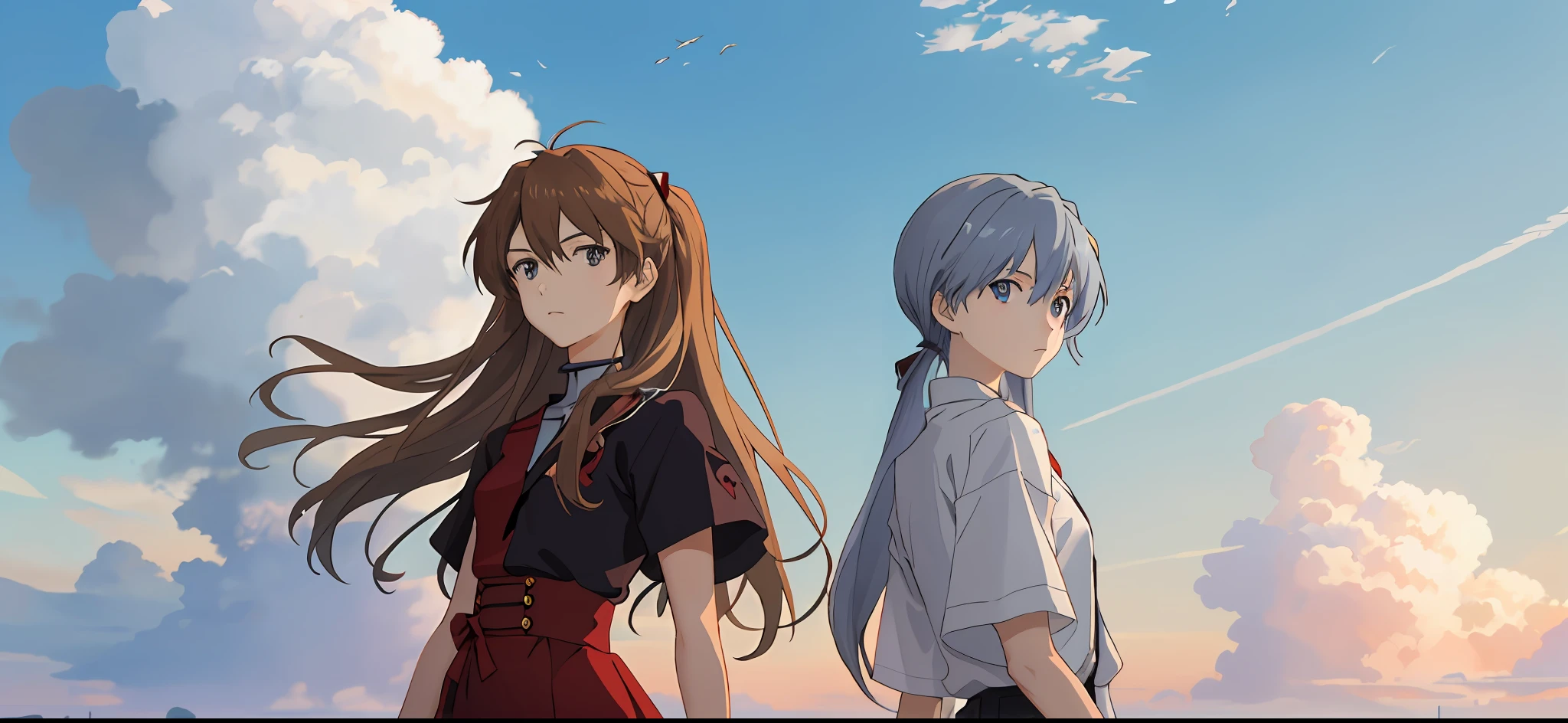 Masterpiece, highest quality, delicate
Eva Final, 2 girls, twins, 1 Souryu Asuka Langley, , 2 Rei Ayanami, blue eyes, sky, long hair, clouds, 1 brown hair,2 gray hair, watch viewer, blue sky,clouds, sky, outdoors, sunset,Shin Evangelion. Kyoto Animation