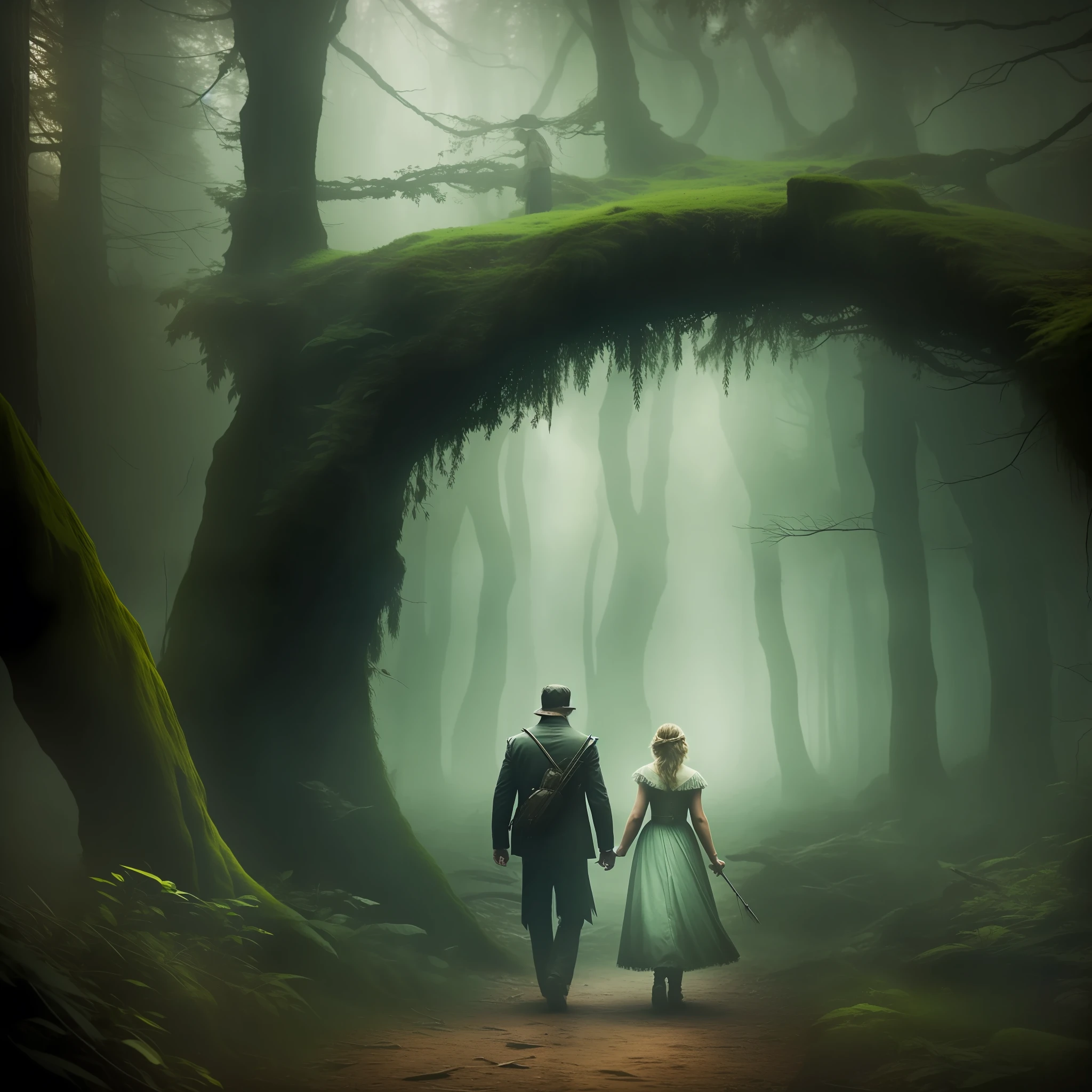 a man and a woman walking through an enchanted forest, sinister environment