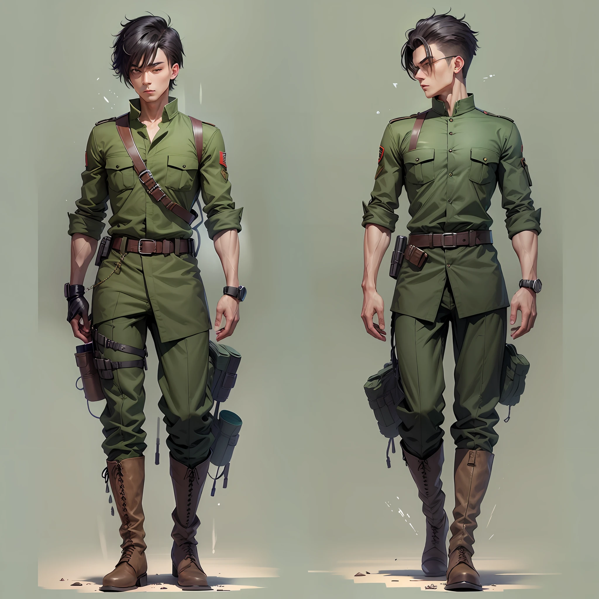 Sniper (man)black haired Green shirt white pants with standing military boots --auto --s2