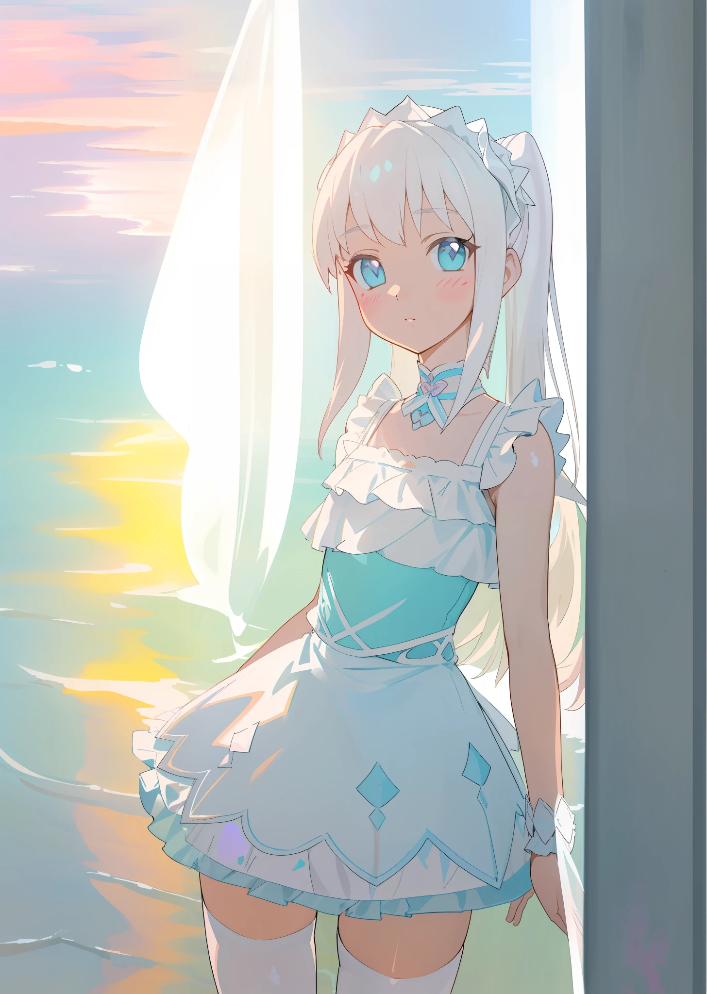 extremely pastel,extremelysoft,paint white,transparent,Ruffle Skirt Bikinis,ultra detailed,(detailed beautiful face):1.2,［insanely detailed eyes:1.4］,Heart-shaped face,dutch angle,zettai ryouiki,perspective,Girl walking on the surface of the water,The surface of the water reflects