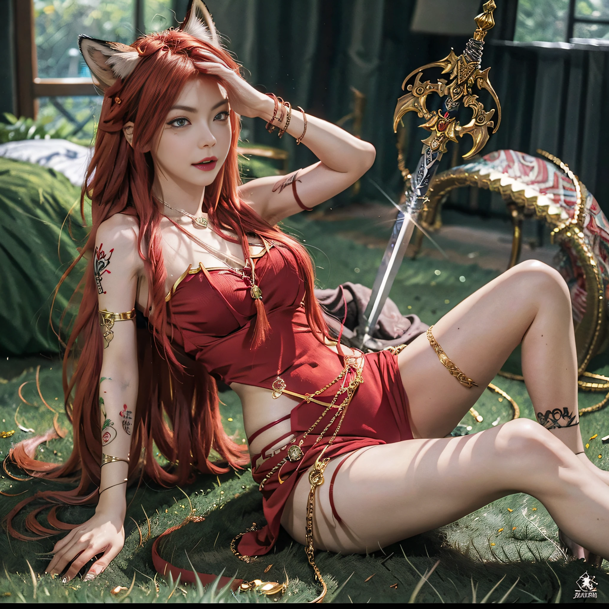 Adult female orc, animal ears, red hair, golden eyes, young, bracelet, necklace, tattoo, fangs, long hair, underwear, tattoo, full body, sword, fox tail, ankle ring, lewd lines