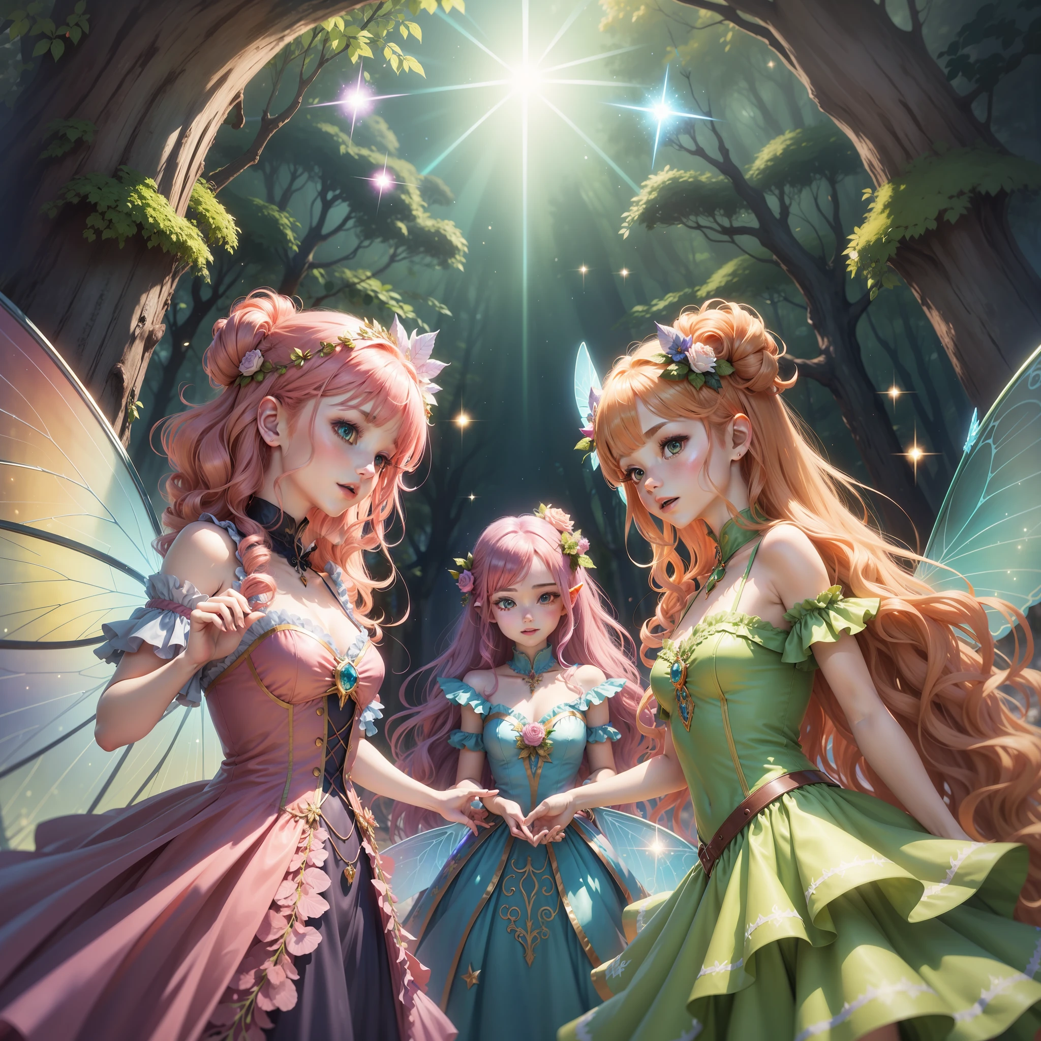 An image of 3 fairies with unique features living in an enchanted forest. The first fairy has long, golden hair, blue dress and transparent wings. The second fairy has short, red hair, a green dress, and sparkling wings. The third fairy has curly brown hair, pink dress and wings with colorful sparkles. The image should convey the joy and magic of the fairies, with vivid and vibrant colors. Digital illustration, fantastic art style, --ar 16:9 --v 5