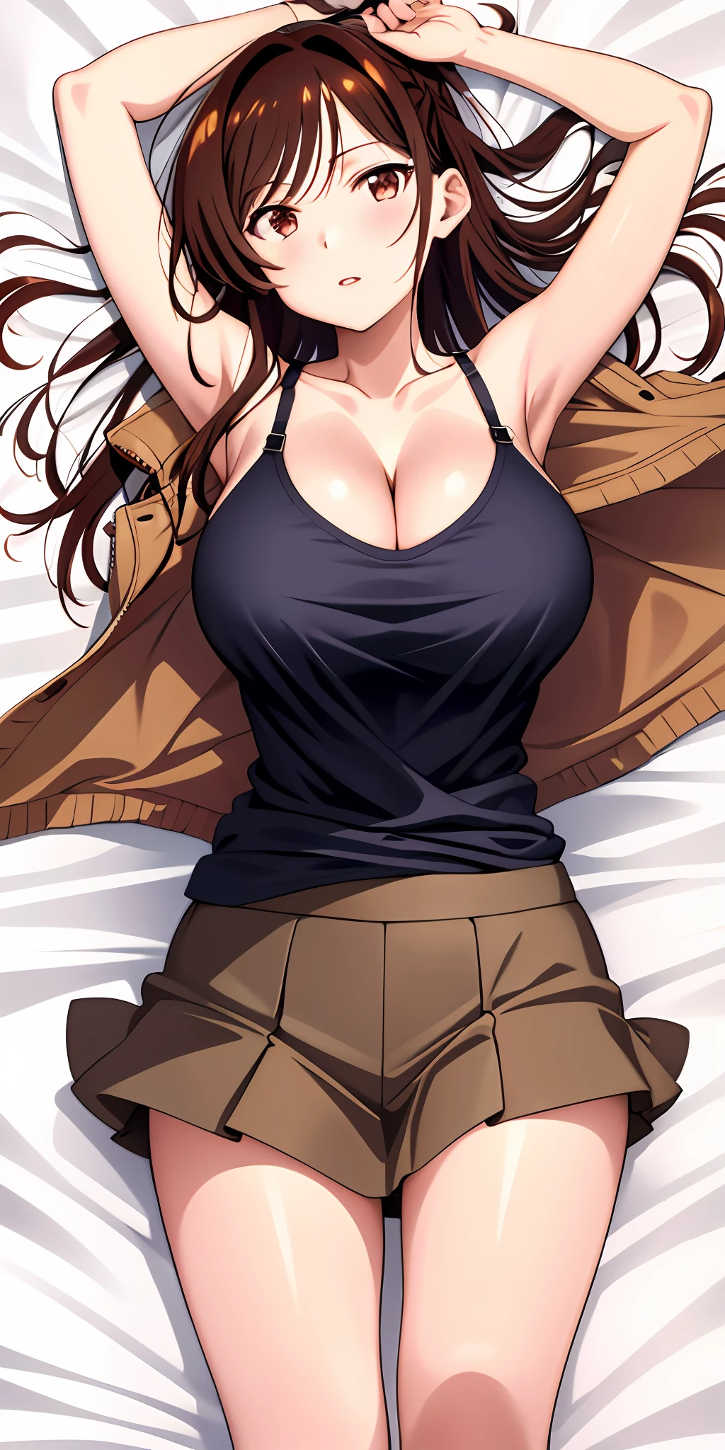 Chizuru, large breasts, cleavage, thighs, unzipped jacket, tanktop, skirt, lying on bed, (from above view)