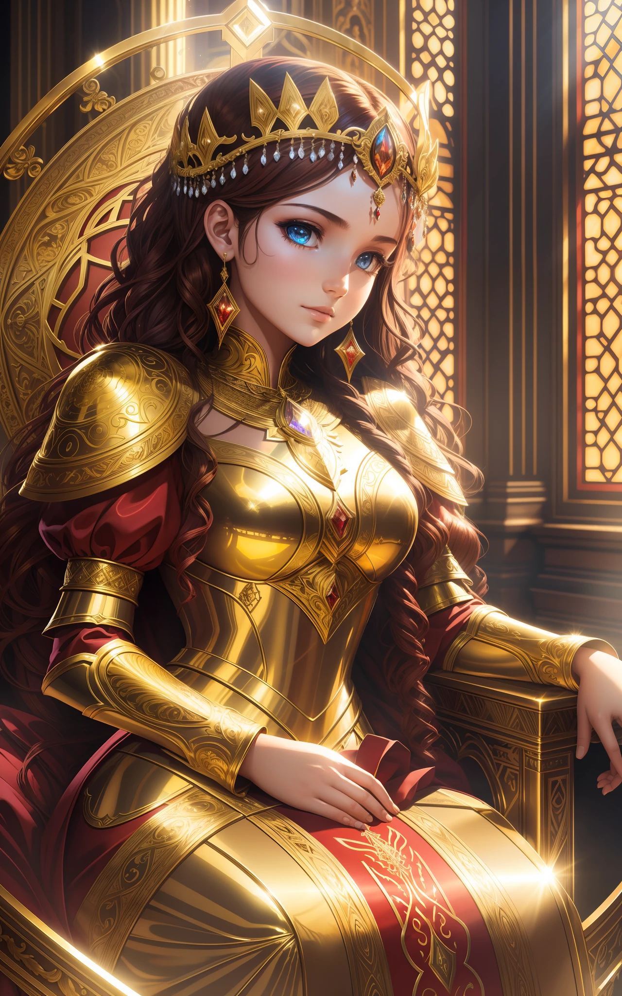 award winning 64k concept art of (1girl:1.2) in red shiny ornate armor sitting on the throne, epic, god rays, centered, (masterpiece:1.2), (best quality:1.2), Amazing, highly detailed, beautiful, finely detailed, warm soft color grading, Depth of field, extremely detailed 8k, fine art, stunning, iridescent, shiny, (light reflections:1.2), (crisp:1.5), curls, wind, vibrant, sunlit, edge detection
