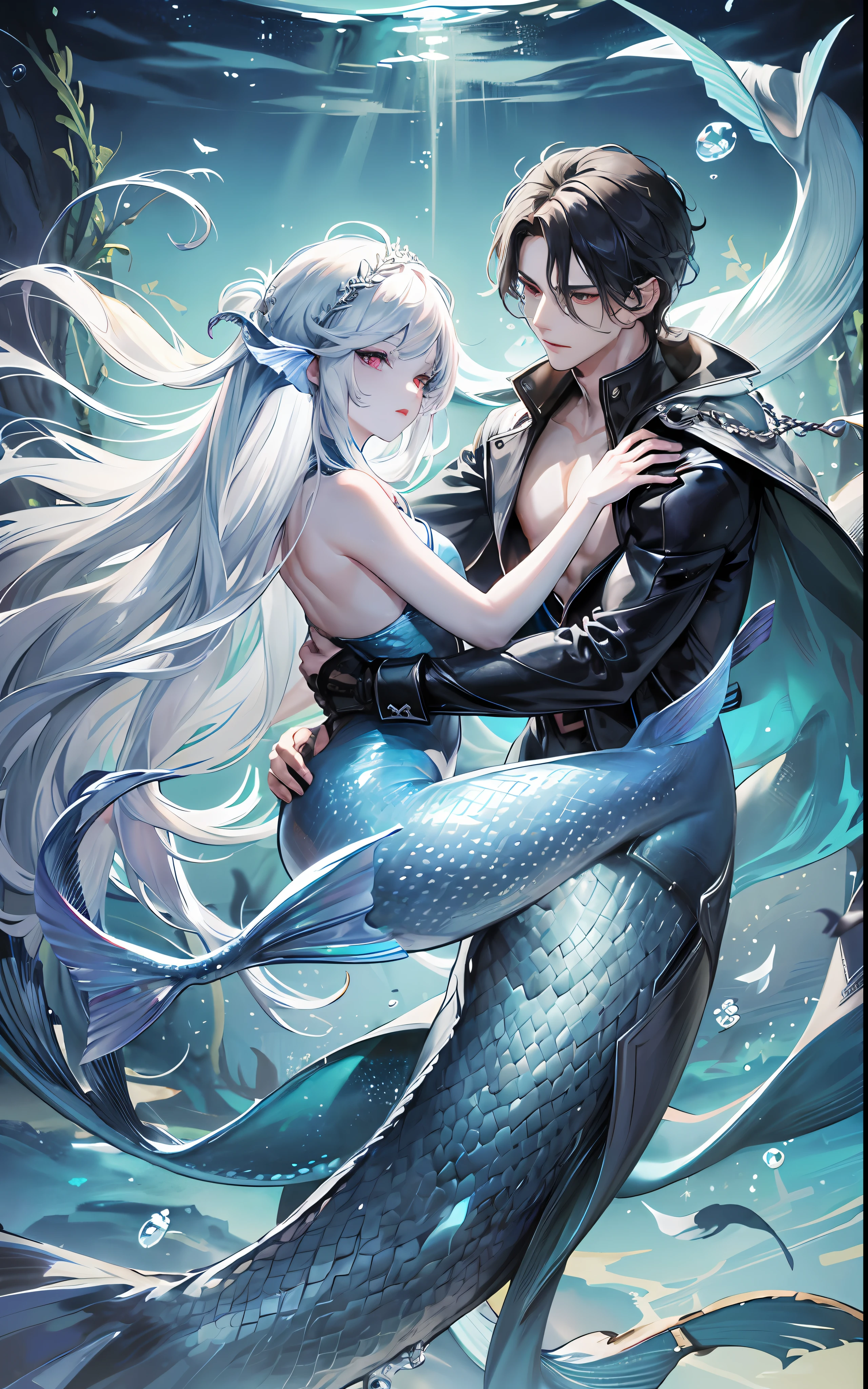 (man hugging a black-haired girl), long dress girl, masculine man, masculine face, attractive, muscular, (((1man))), masterpiece, absurdres, best quality ,intricate details, ((((full body)))), (shiny skin, shiny body, shiny oily luster skin, shiny hair, pale skintone), Sundown, attractive, ((muscular)), adult, one, earrings, Don't look at the view , Not looking at the view, silver hair man, braided hair man, perfect detailed face, perfect detailed hands, triton, fins, red eyes, triton ears, smirk, marine sea ornaments, open chest, ((long mermaid tail)), no legs, under the sea, fishes, masculine features, masculine face, (((night))), moonlight, darkness, dark light, character seen from afar, black hair girl, blue eyes girl