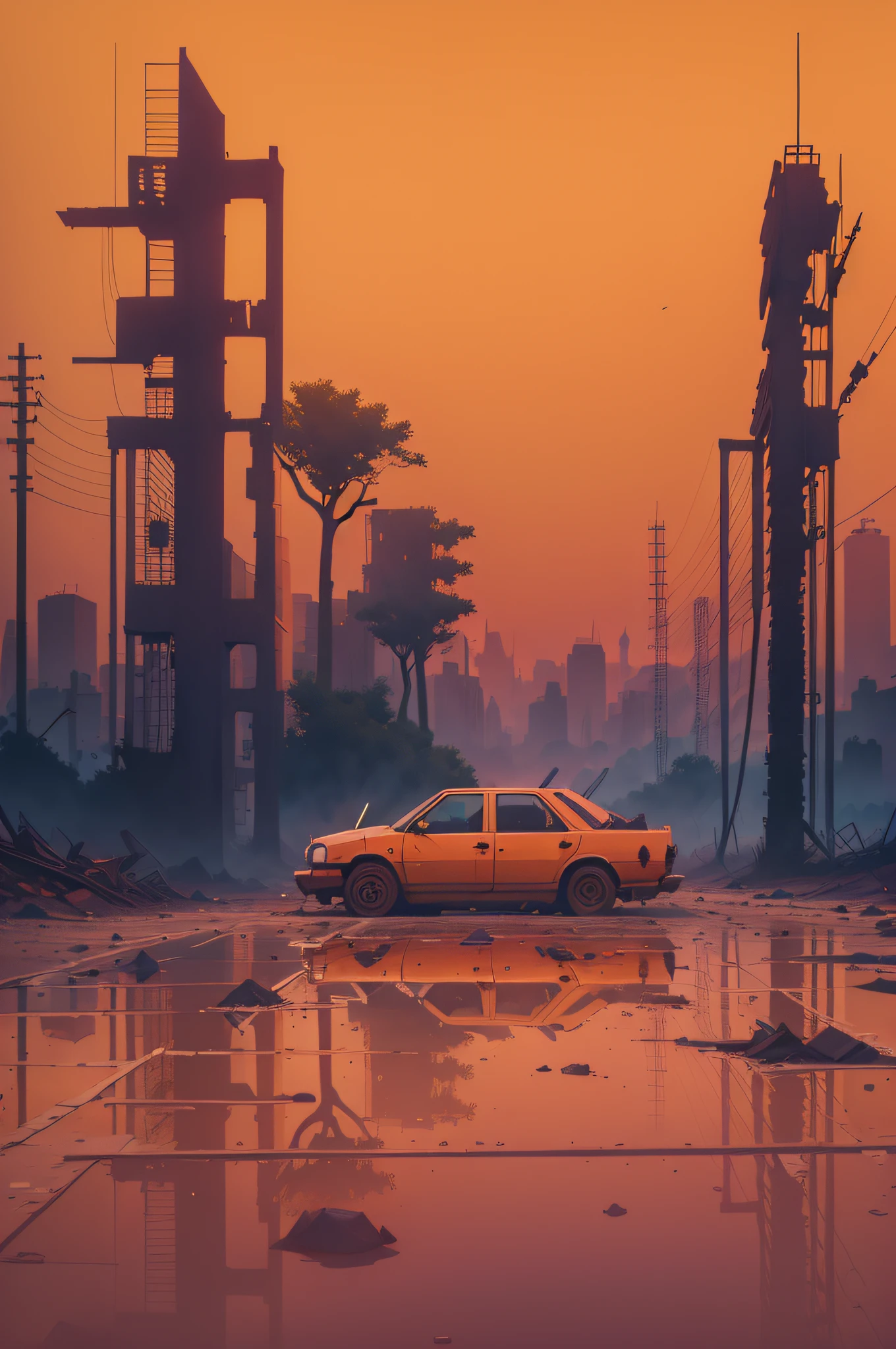 line art, minimal stroke, 1 girl, guns, poor, destroyed city, destroyed vehicles, ruins, old time, ancient, paper cut, colorful, ((masterpiece: 1.3)), 8k, gradient orange to purple, water puddle, dead trees, apocalyptic, rain